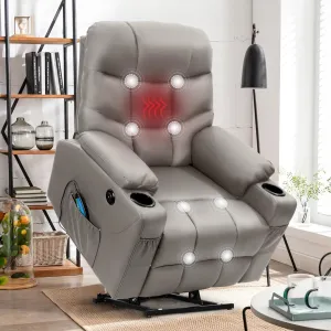 Electric Power Lift Chair, Nursery Rocking PU Leather Massage Chairs Recliner for Adults, Elderly, USB Port, Heat, Cupholders, Modern Reclining Sofa for Living Room, Bedroom-Grey