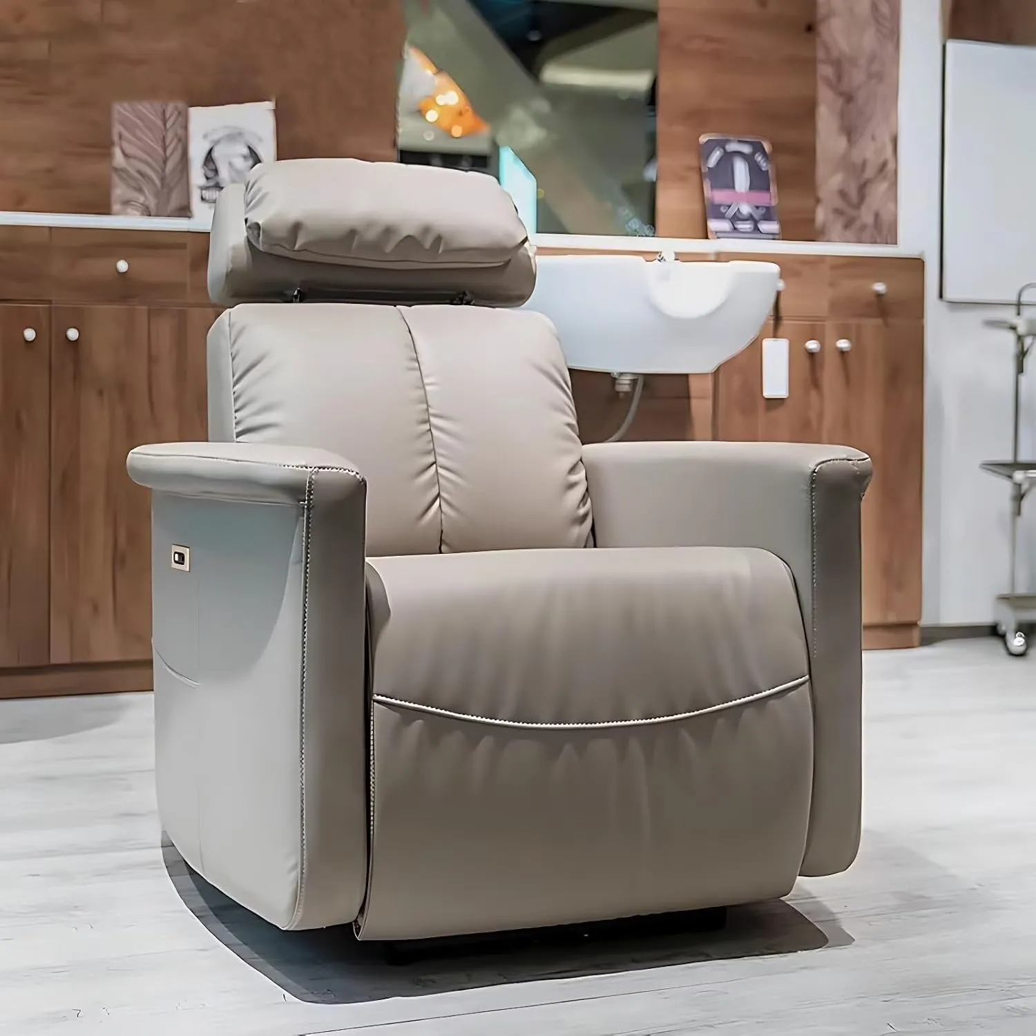 Electric Reclining Barber Chair with Adjustable Headrest - Professional Beauty Hair Chair Leather and High Density Sponge, Salon Chair with USB Port for Barbershop Nail Spa (Beige)
