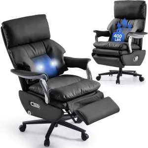 EMIAH Ergonomic Office Chair with Foot Rest Electric Executive Office Chair Reclining with Massage Big and Tall High Back Computer Chair with Wheels, Sustainable Leather(Black)