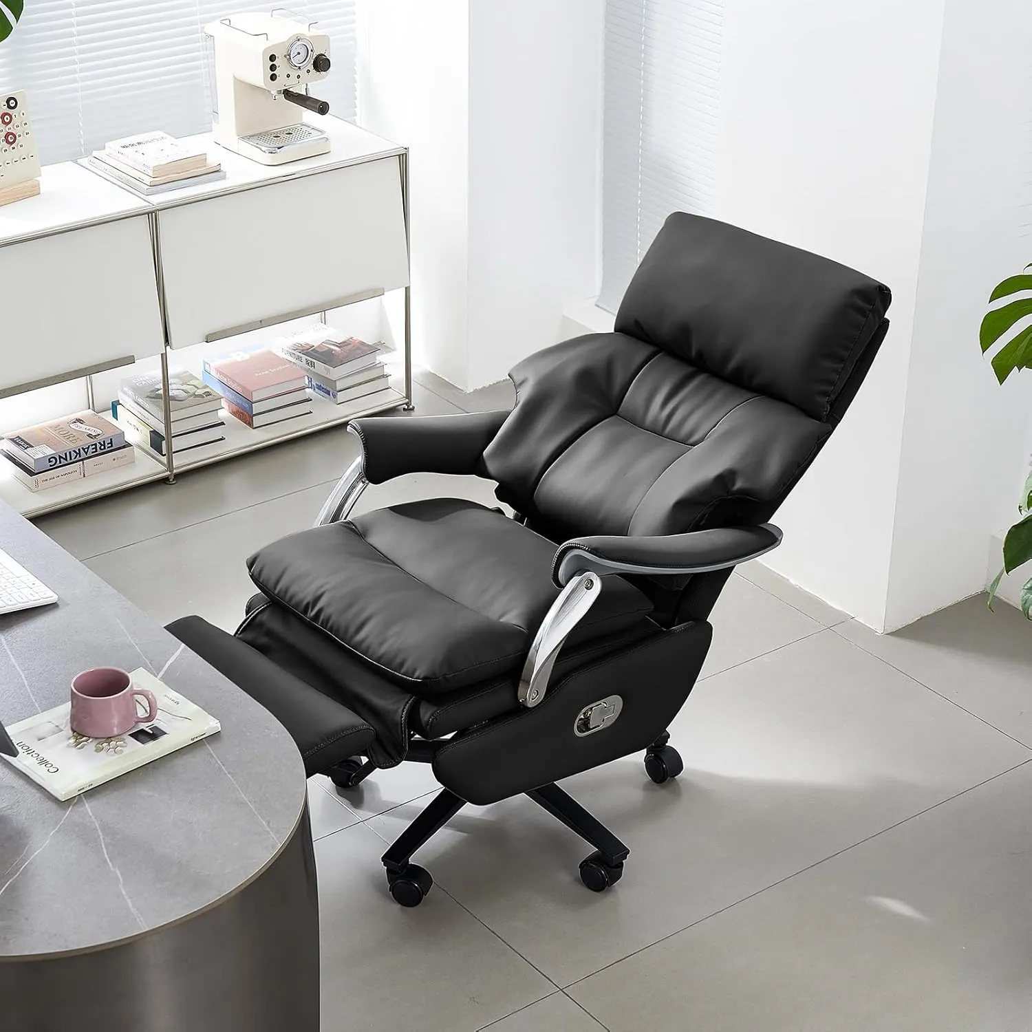 EMIAH Ergonomic Office Chair with Foot Rest Electric Executive Office Chair Reclining with Massage Big and Tall High Back Computer Chair with Wheels, Sustainable Leather(Black)
