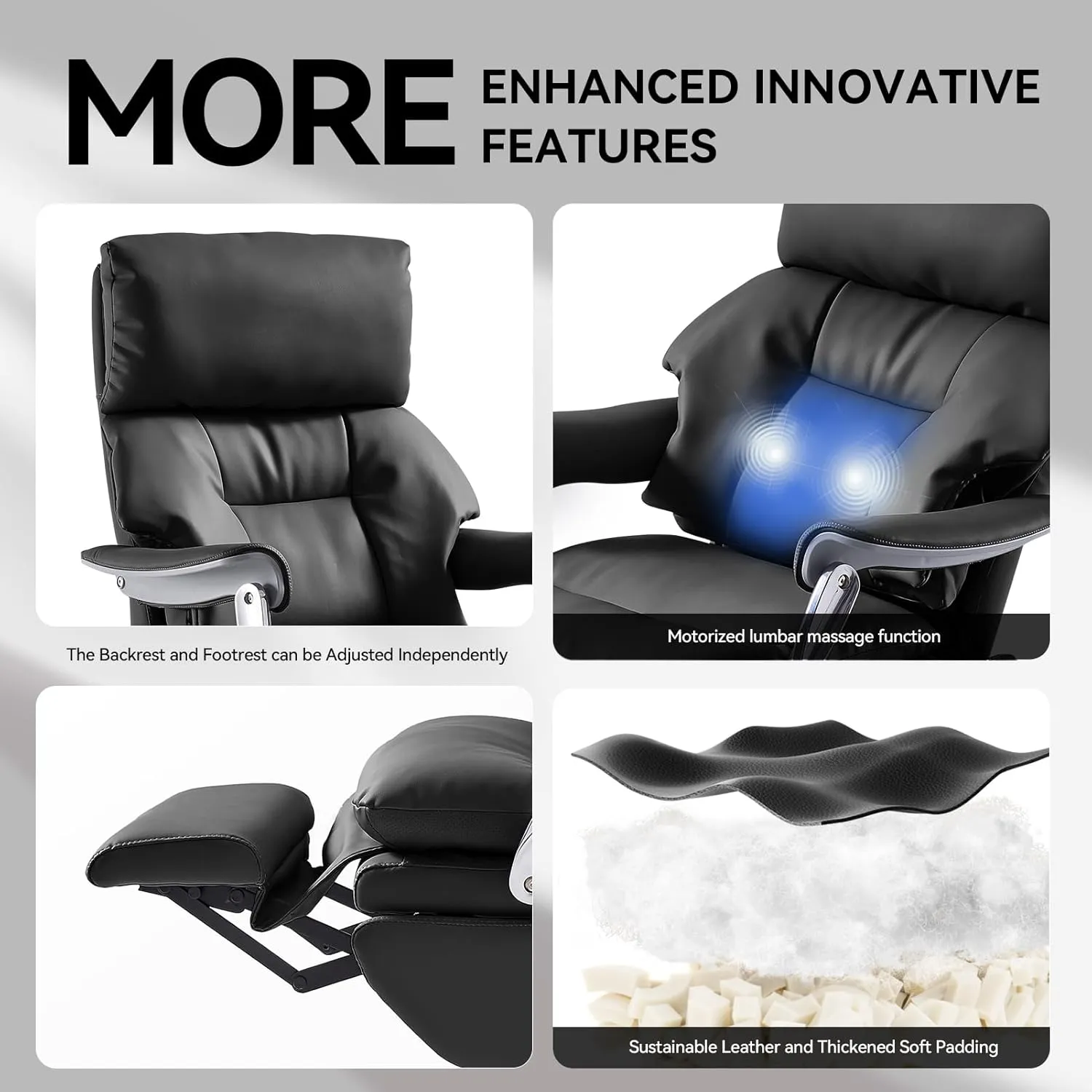 EMIAH Ergonomic Office Chair with Foot Rest Electric Executive Office Chair Reclining with Massage Big and Tall High Back Computer Chair with Wheels, Sustainable Leather(Black)