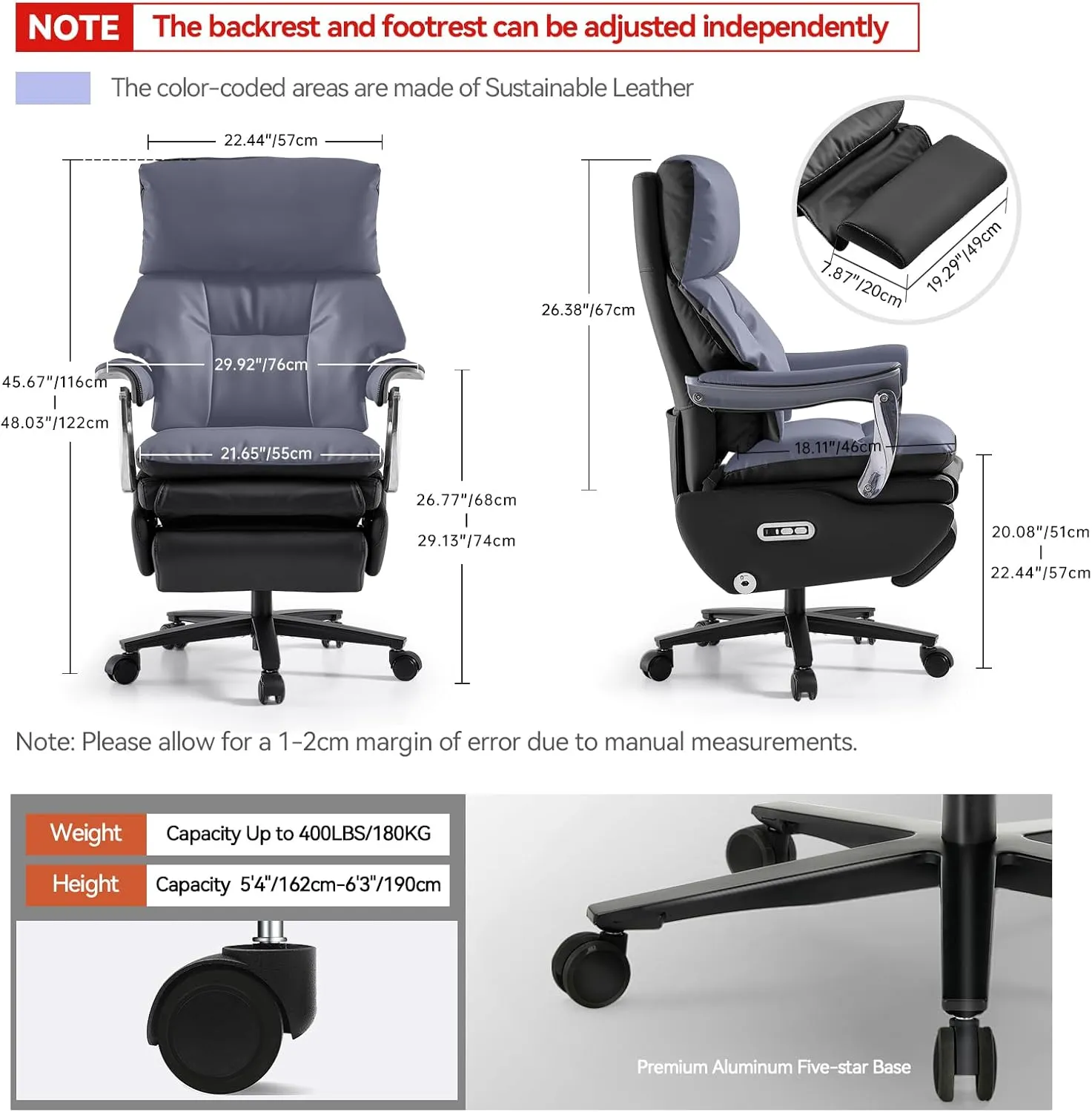 EMIAH Ergonomic Office Chair with Foot Rest Electric Executive Office Chair Reclining with Massage Big and Tall High Back Computer Chair with Wheels, Sustainable Leather(Black)