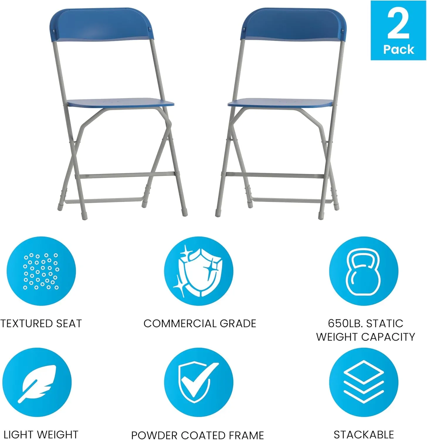 EMMA   OLIVER Set of 2 Plastic Folding Chairs - 650 LB Weight Capacity Lightweight Stackable Folding Chair in Blue