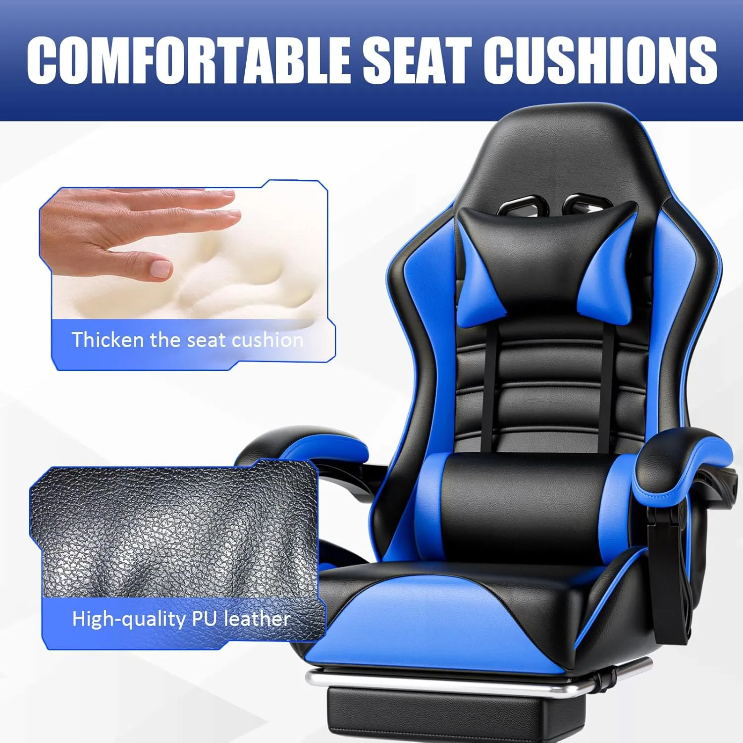 Ergonomic Gaming Chair with Footrest, PU Leather Video Game Chairs for Adults, Reclining Gamer Chair Office Chair with Lumbar Support, Comfortable Computer Chair for Heavy People, Blue