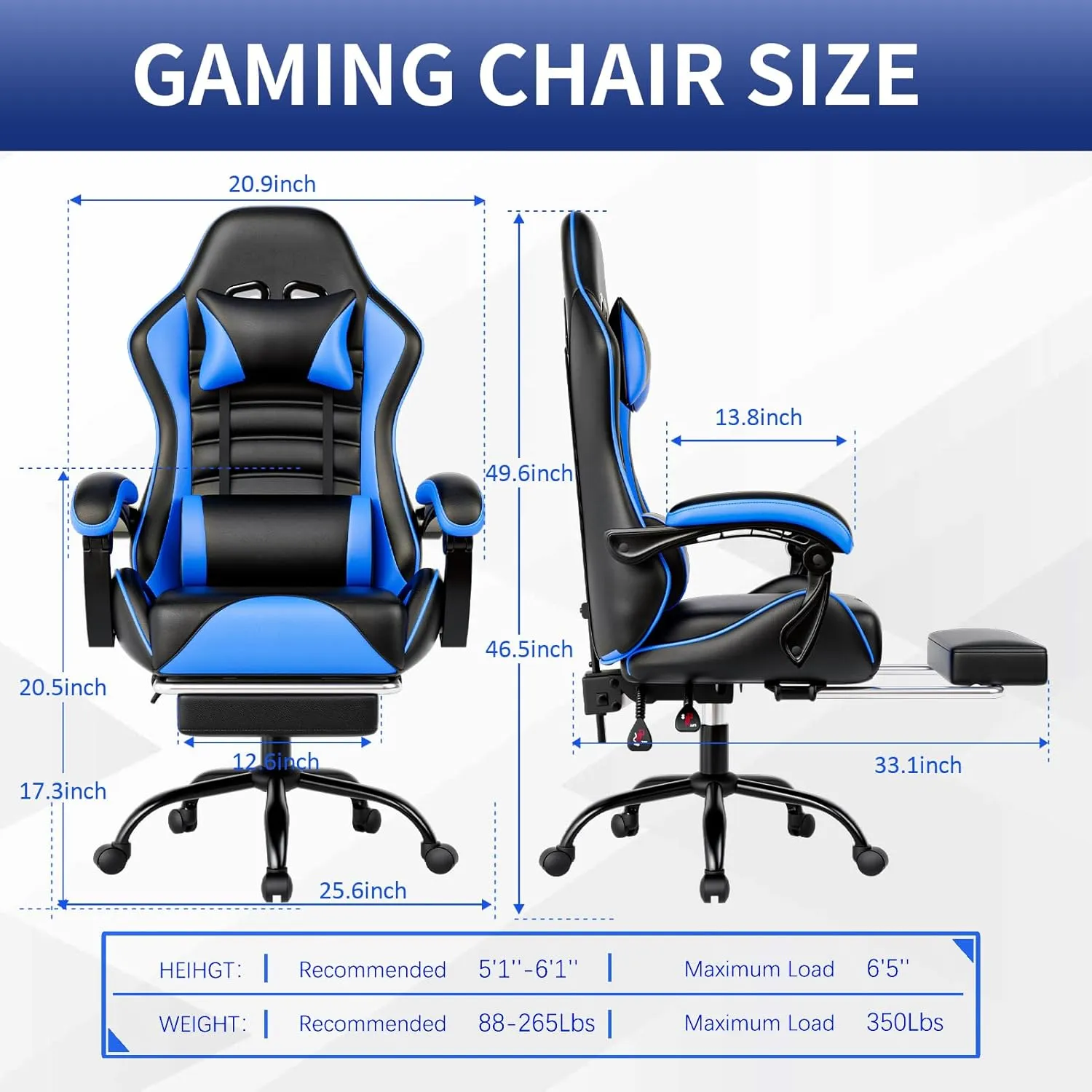 Ergonomic Gaming Chair with Footrest, PU Leather Video Game Chairs for Adults, Reclining Gamer Chair Office Chair with Lumbar Support, Comfortable Computer Chair for Heavy People, Blue