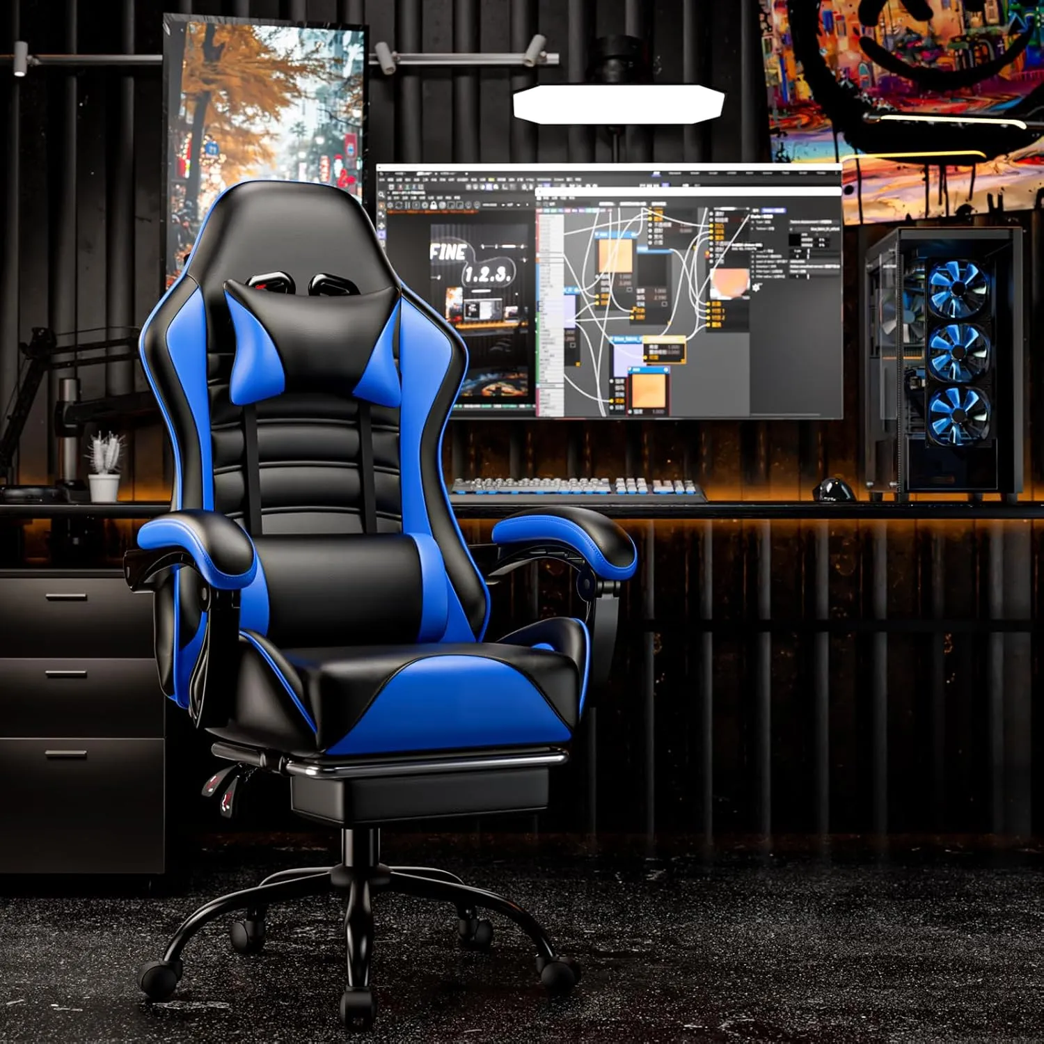 Ergonomic Gaming Chair with Footrest, PU Leather Video Game Chairs for Adults, Reclining Gamer Chair Office Chair with Lumbar Support, Comfortable Computer Chair for Heavy People, Blue