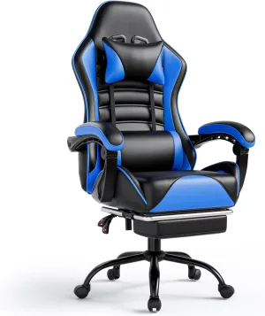 Ergonomic Gaming Chair with Footrest, PU Leather Video Game Chairs for Adults, Reclining Gamer Chair Office Chair with Lumbar Support, Comfortable Computer Chair for Heavy People, Blue