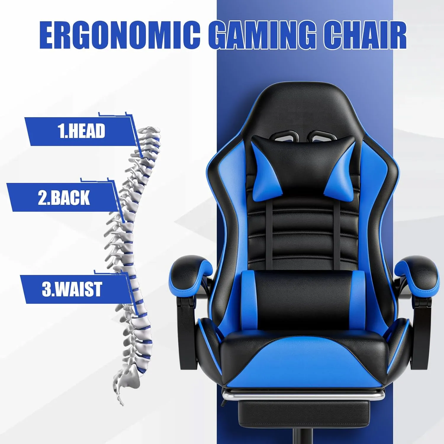 Ergonomic Gaming Chair with Footrest, PU Leather Video Game Chairs for Adults, Reclining Gamer Chair Office Chair with Lumbar Support, Comfortable Computer Chair for Heavy People, Blue