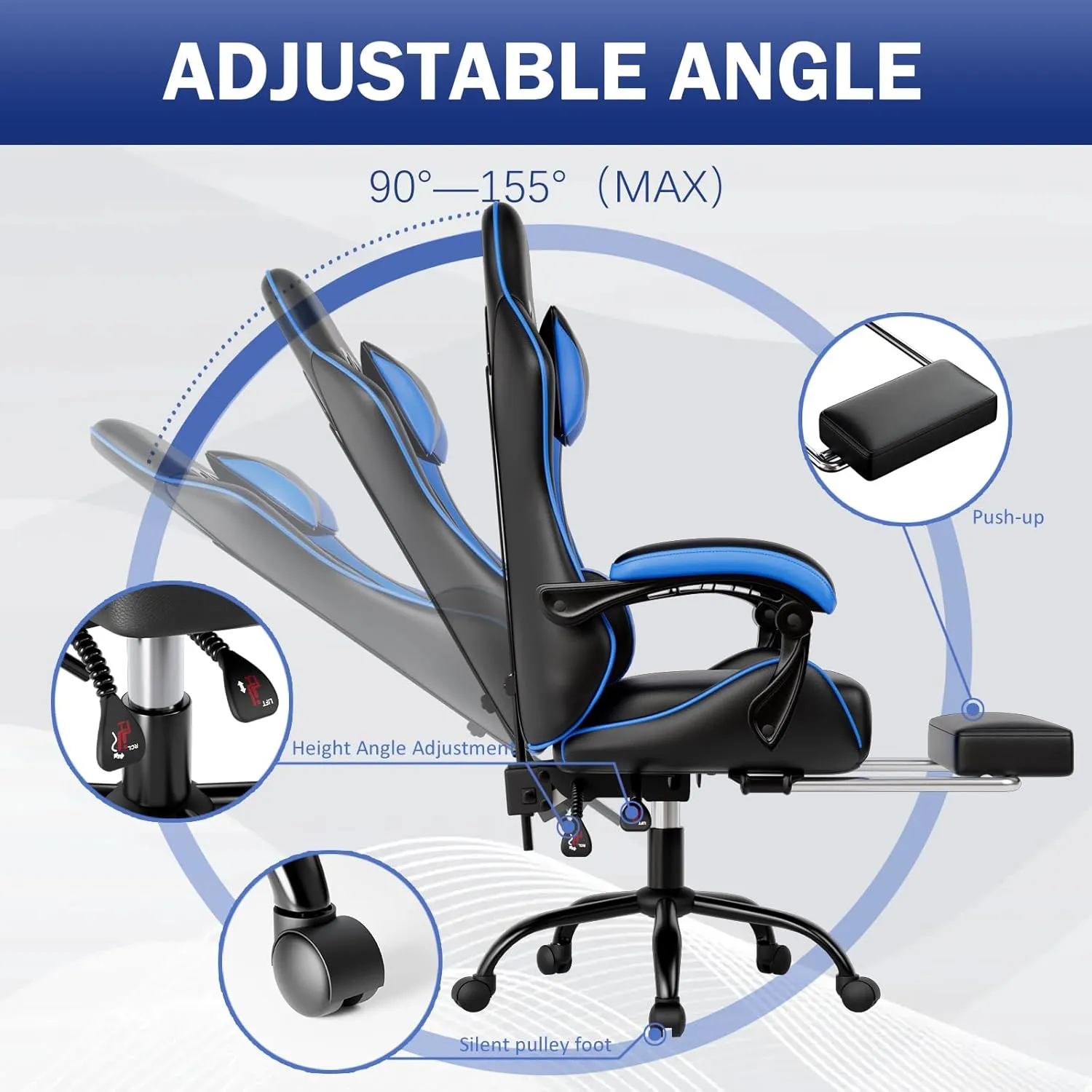 Ergonomic Gaming Chair with Footrest, PU Leather Video Game Chairs for Adults, Reclining Gamer Chair Office Chair with Lumbar Support, Comfortable Computer Chair for Heavy People, Blue
