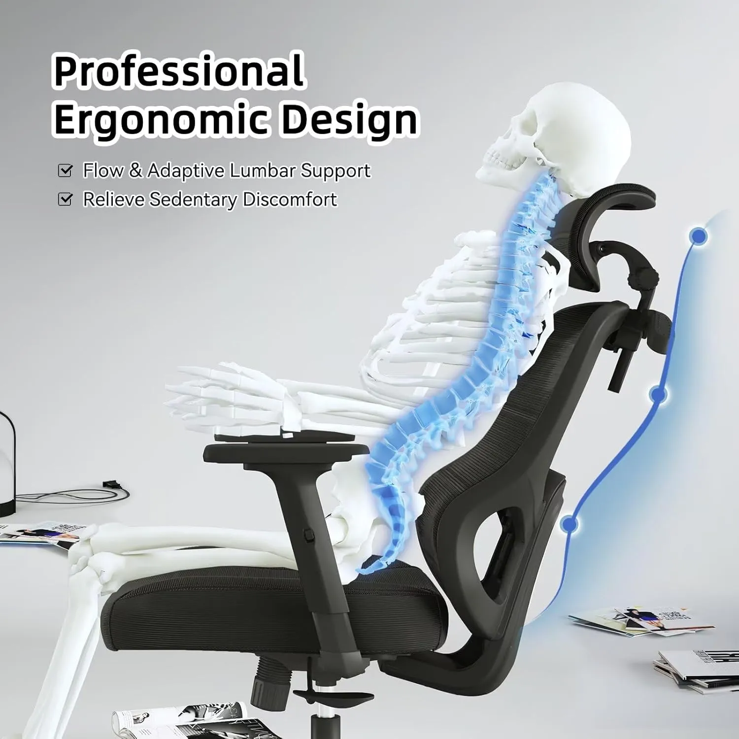 Ergonomic Office Chair Big Tall Reclining Gaming Chair Adjustable Lumbar Support 2D Armrest 6D Headrest Breathable Mesh Swivel Computer Chairs Home Task Desk Chair Coat Hanger Tilt Lock (Black)