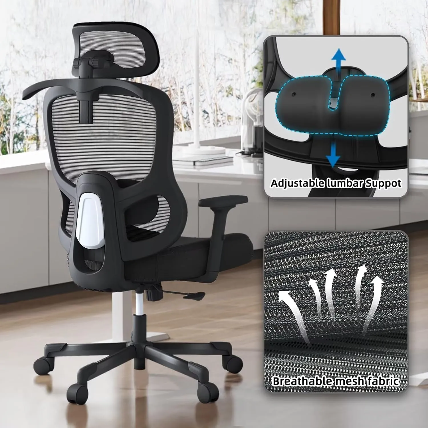 Ergonomic Office Chair Big Tall Reclining Gaming Chair Adjustable Lumbar Support 2D Armrest 6D Headrest Breathable Mesh Swivel Computer Chairs Home Task Desk Chair Coat Hanger Tilt Lock (Black)