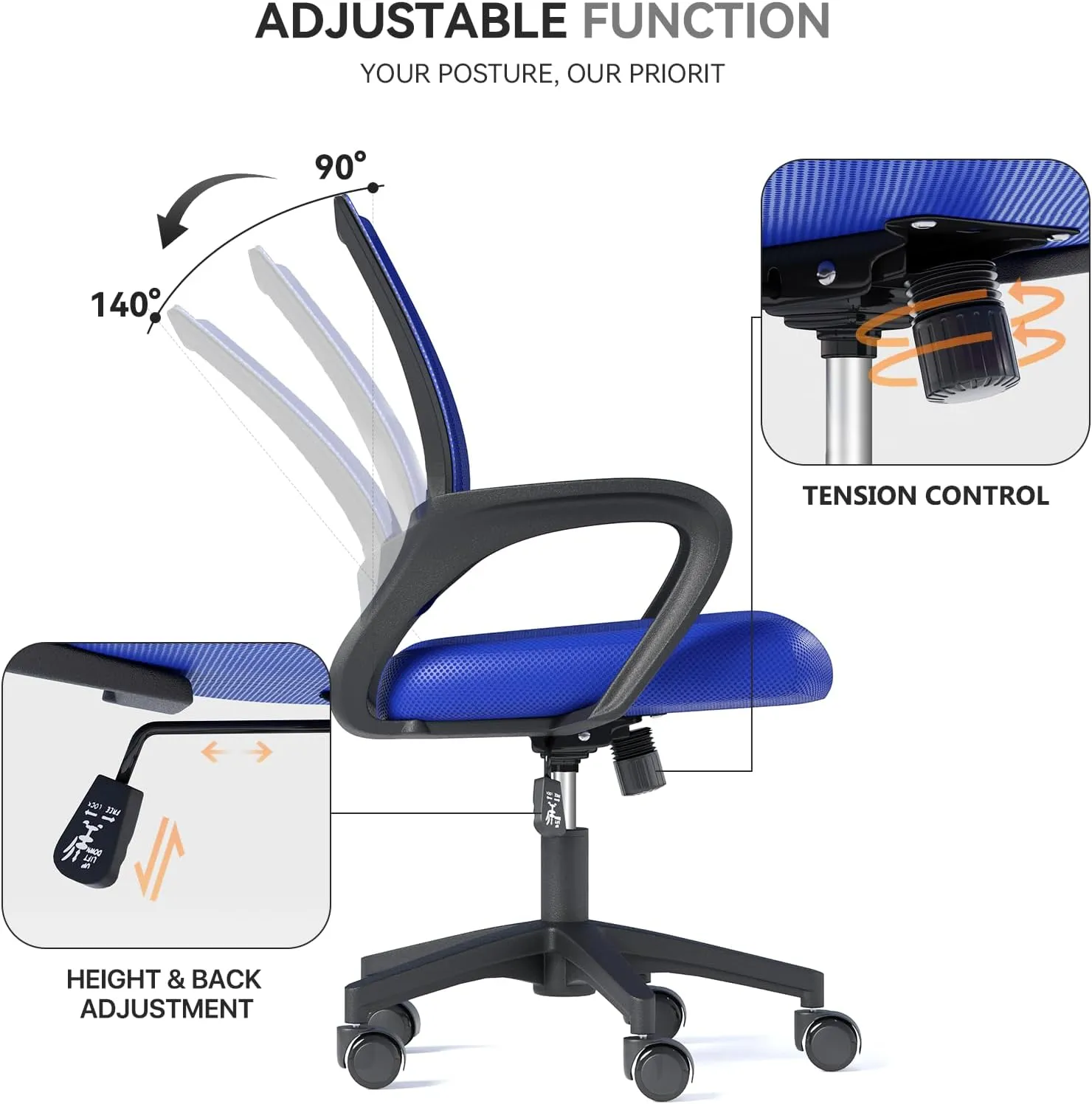 Ergonomic Office Chair with Lumbar Support, Adjustable Height Swivel Mesh Computer Desk Chair with Rolling Wheels for Home, Office and Gaming, Navy Blue