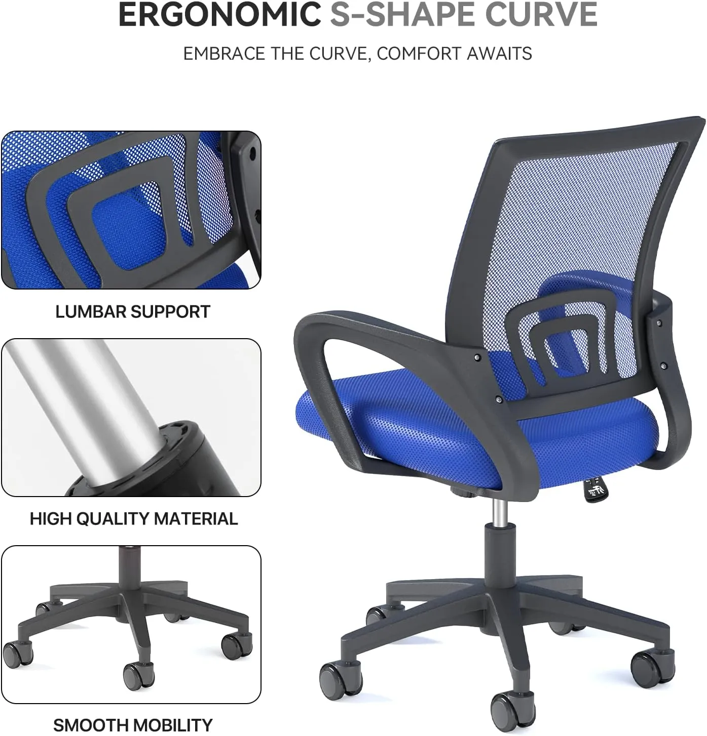 Ergonomic Office Chair with Lumbar Support, Adjustable Height Swivel Mesh Computer Desk Chair with Rolling Wheels for Home, Office and Gaming, Navy Blue