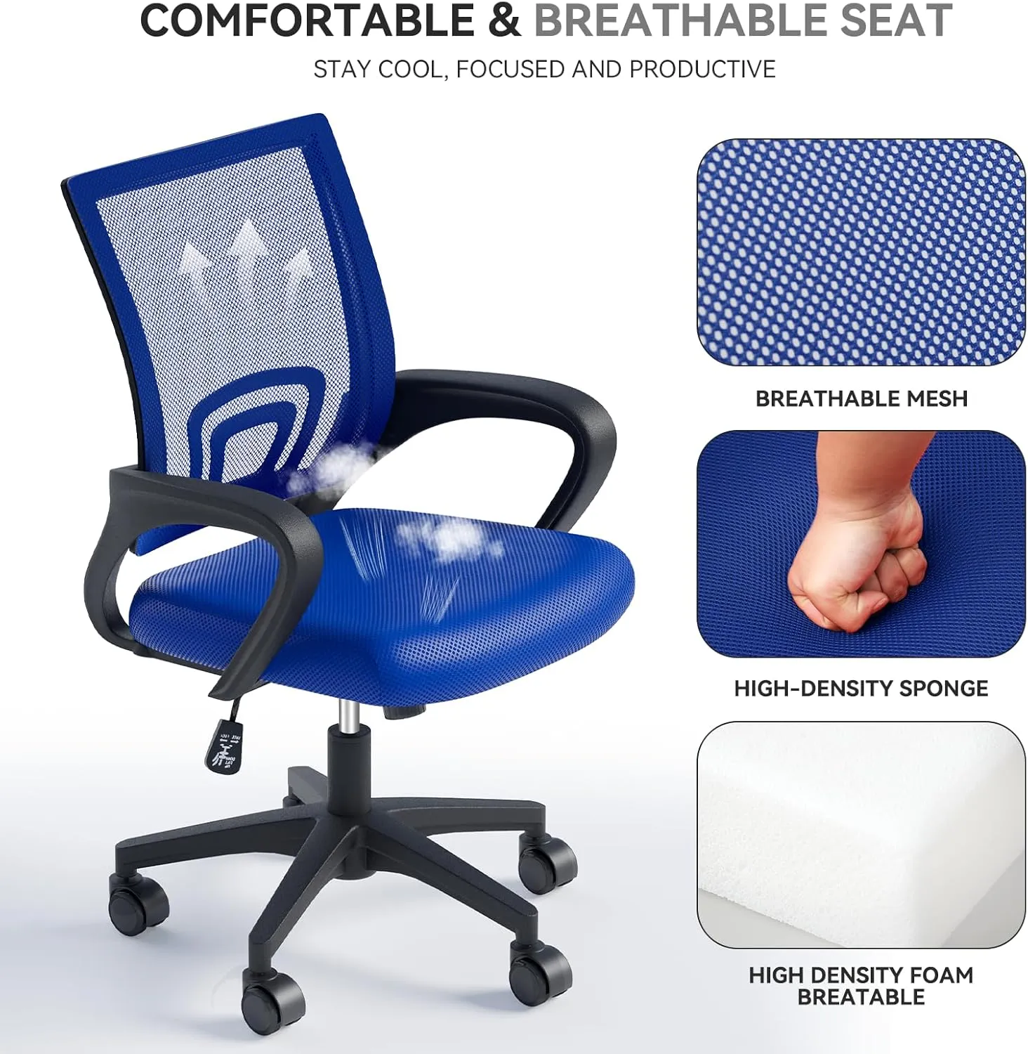 Ergonomic Office Chair with Lumbar Support, Adjustable Height Swivel Mesh Computer Desk Chair with Rolling Wheels for Home, Office and Gaming, Navy Blue