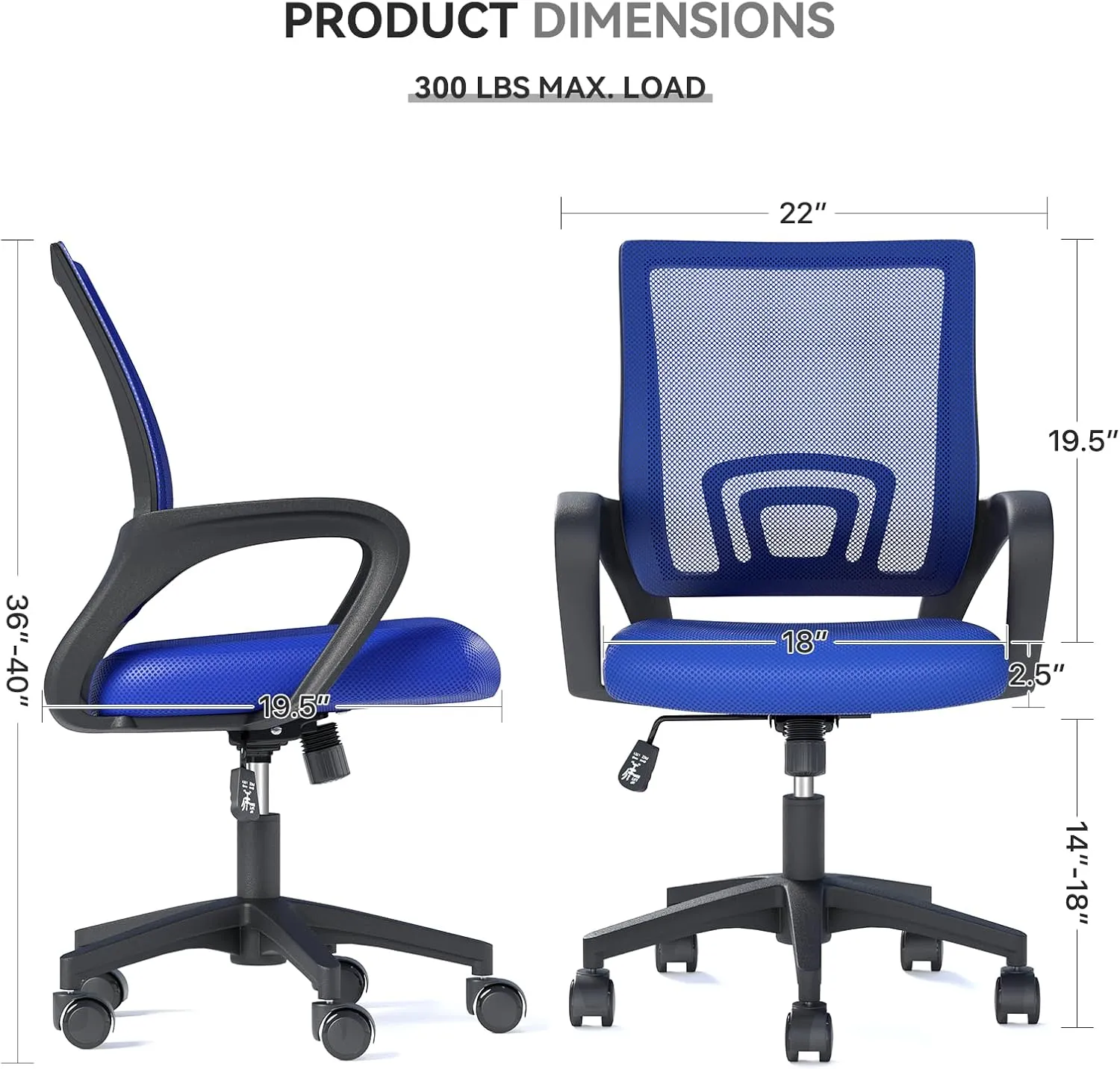 Ergonomic Office Chair with Lumbar Support, Adjustable Height Swivel Mesh Computer Desk Chair with Rolling Wheels for Home, Office and Gaming, Navy Blue