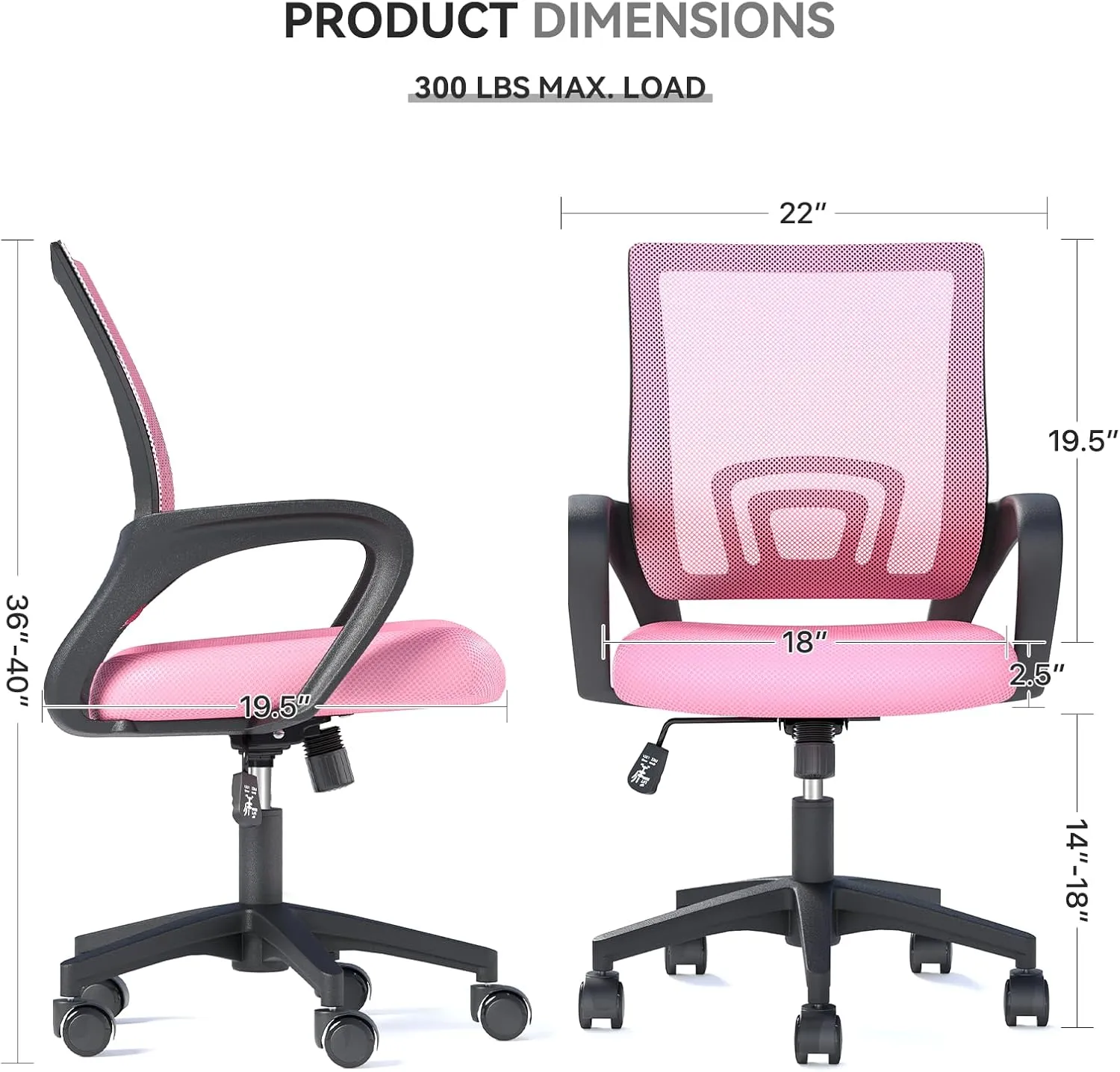 Ergonomic Office Chair with Lumbar Support, Adjustable Height Swivel Mesh Computer Desk Chair with Rolling Wheels for Home, Office and Gaming, Pink