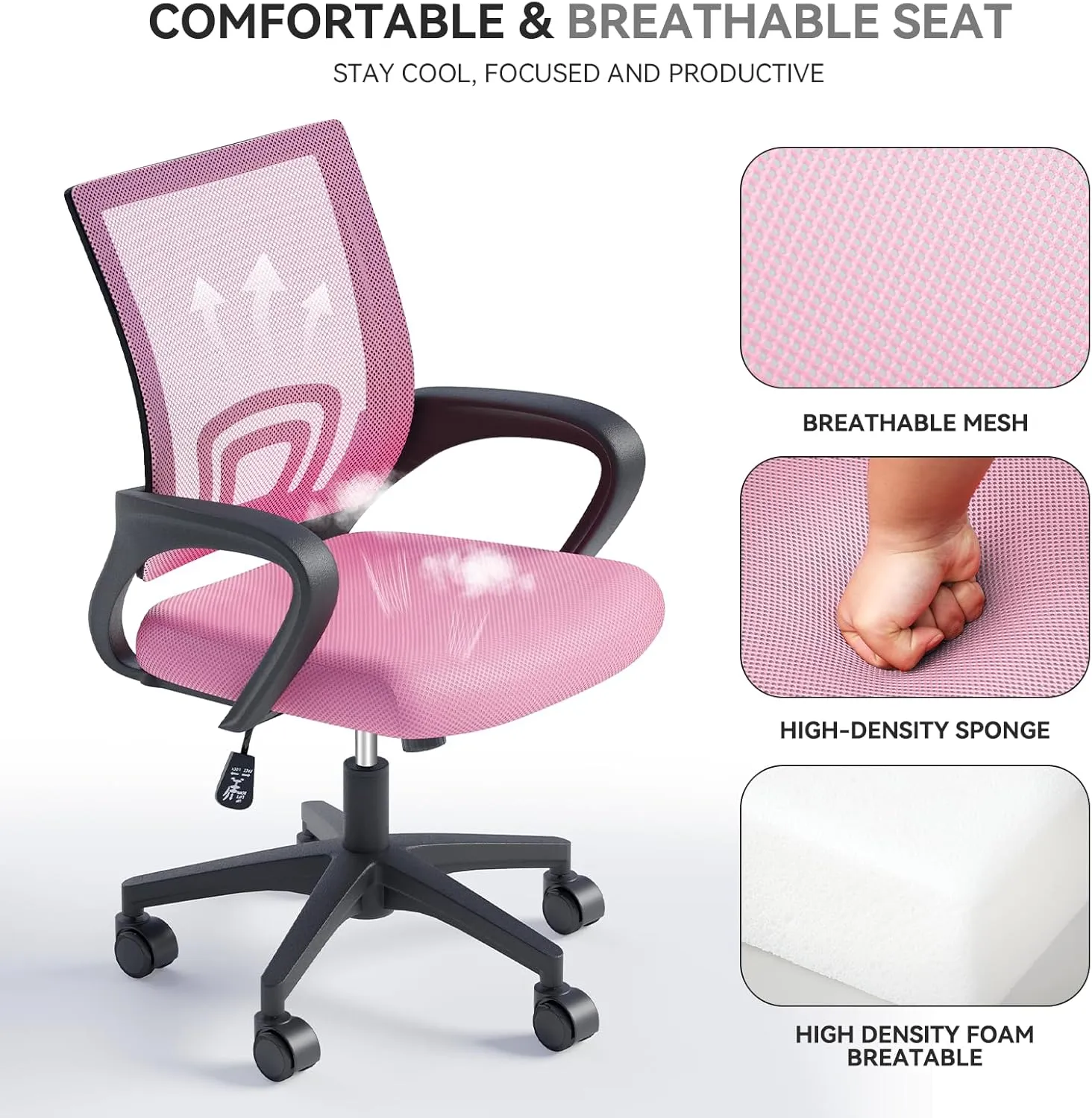 Ergonomic Office Chair with Lumbar Support, Adjustable Height Swivel Mesh Computer Desk Chair with Rolling Wheels for Home, Office and Gaming, Pink