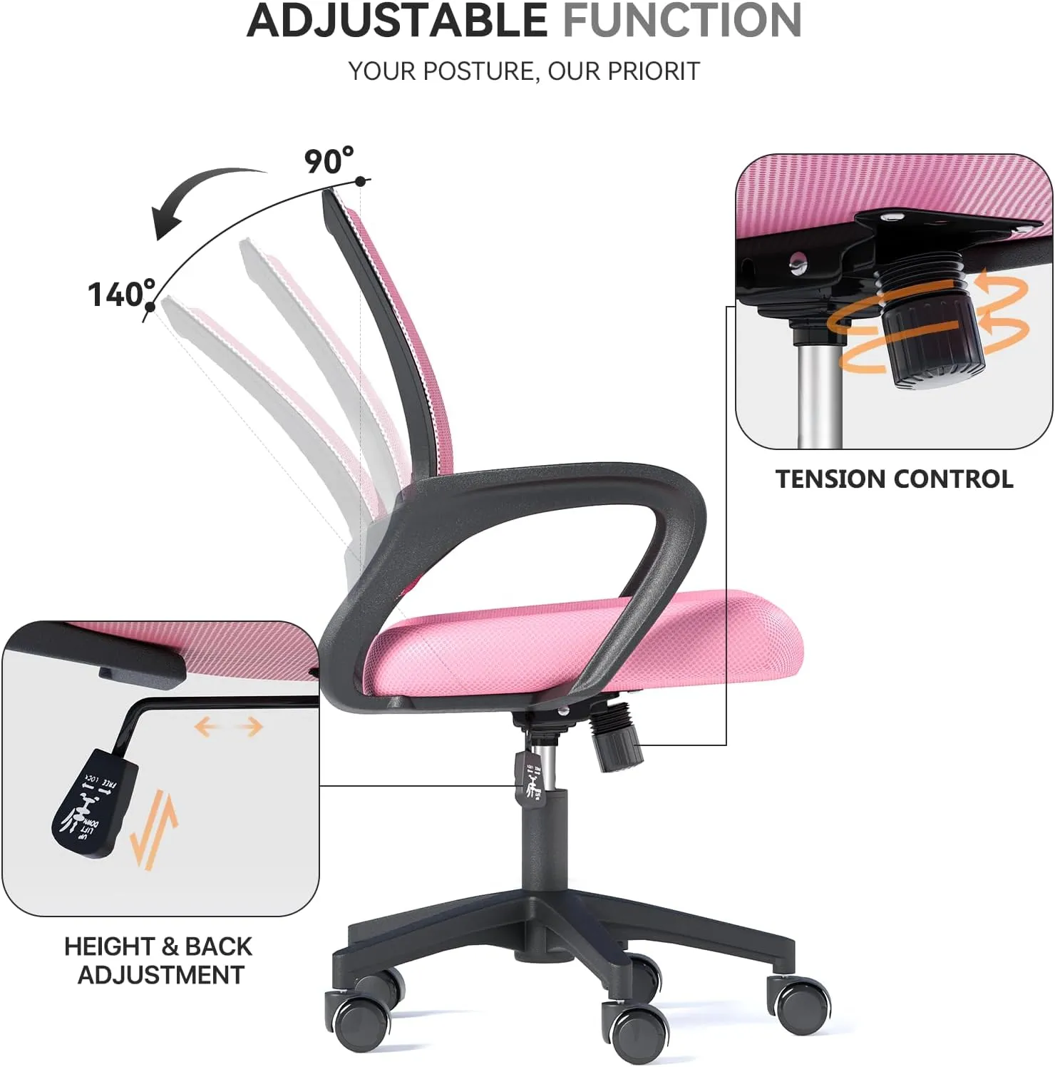 Ergonomic Office Chair with Lumbar Support, Adjustable Height Swivel Mesh Computer Desk Chair with Rolling Wheels for Home, Office and Gaming, Pink