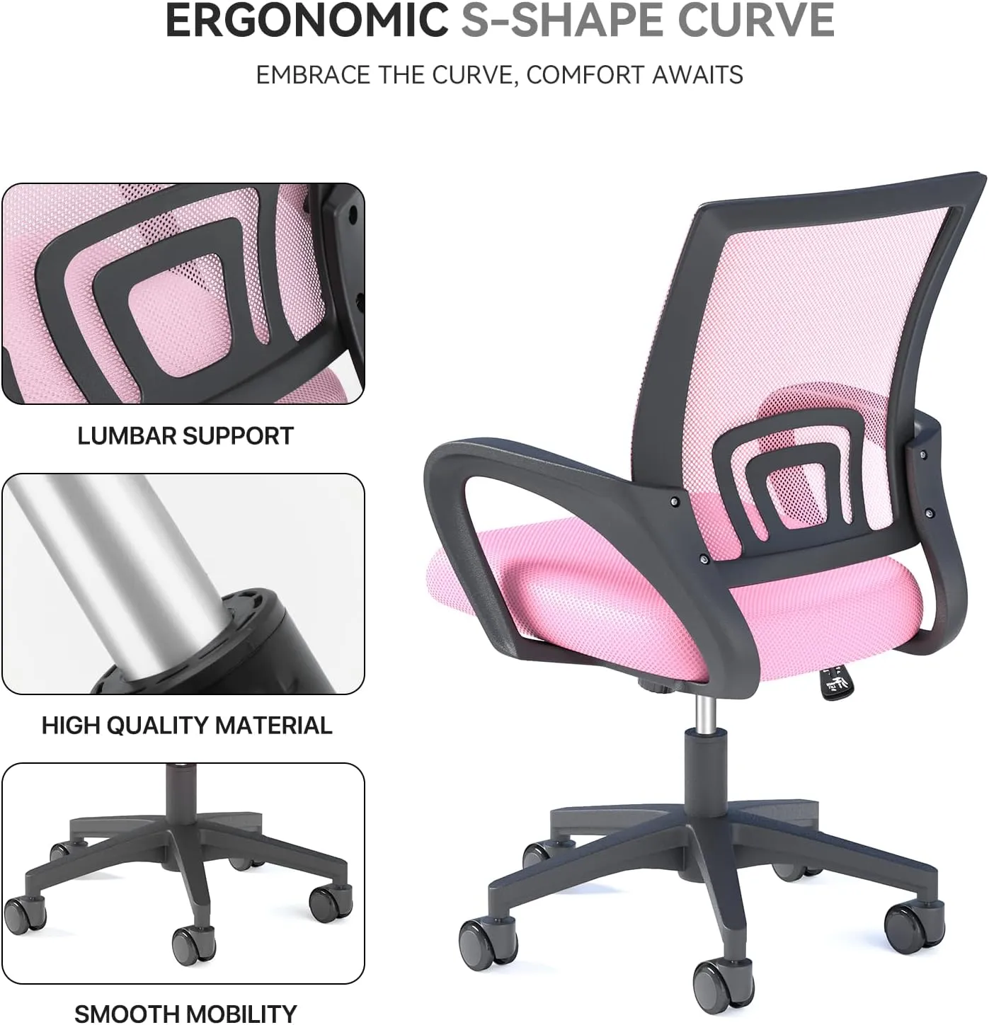 Ergonomic Office Chair with Lumbar Support, Adjustable Height Swivel Mesh Computer Desk Chair with Rolling Wheels for Home, Office and Gaming, Pink