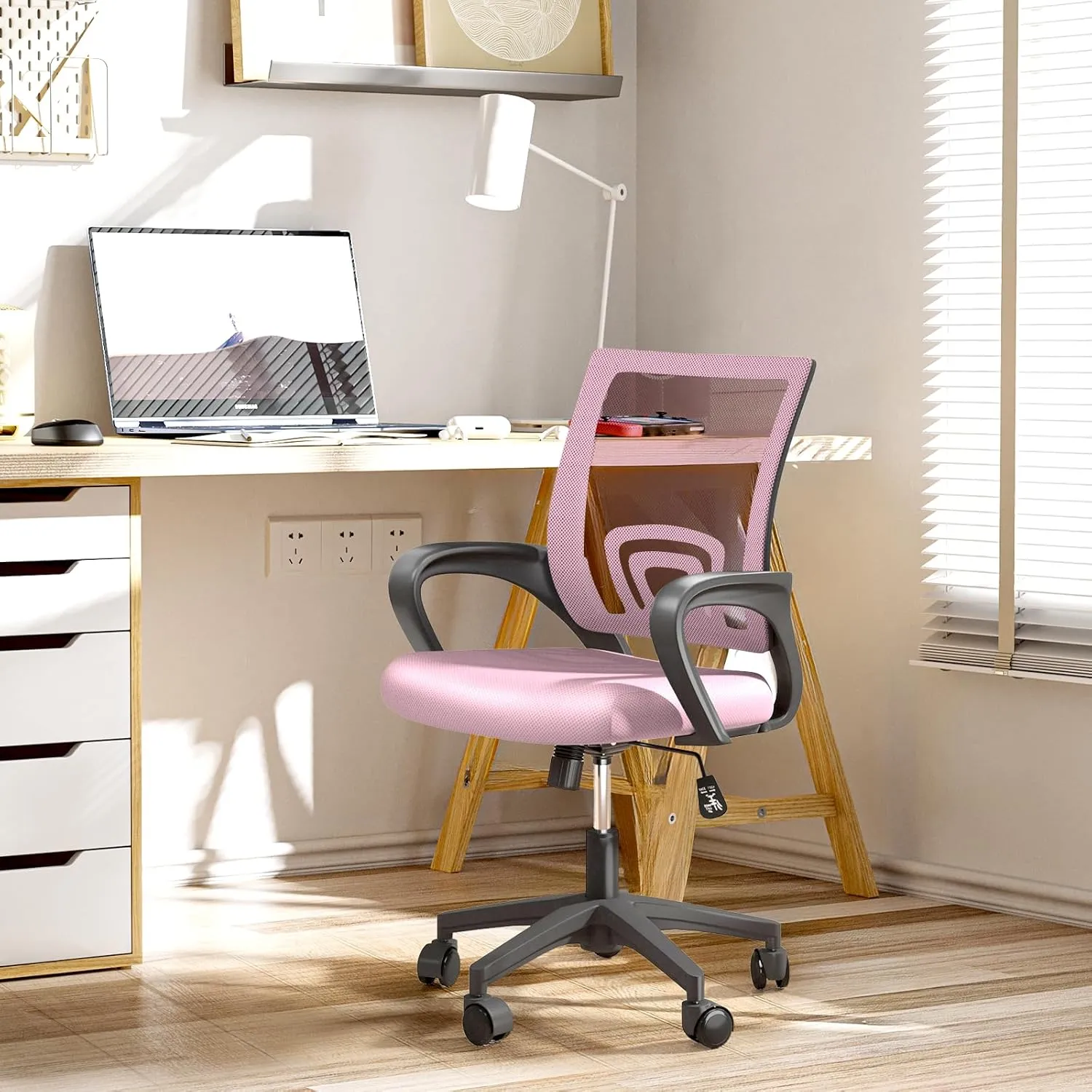 Ergonomic Office Chair with Lumbar Support, Adjustable Height Swivel Mesh Computer Desk Chair with Rolling Wheels for Home, Office and Gaming, Pink