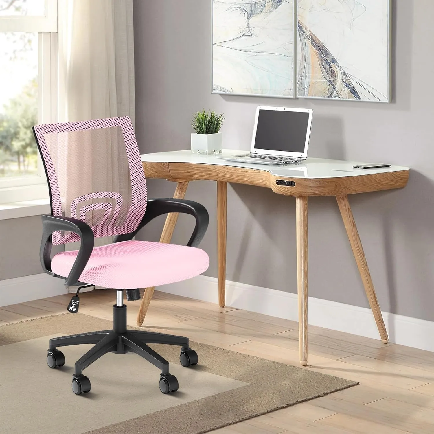 Ergonomic Office Chair with Lumbar Support, Adjustable Height Swivel Mesh Computer Desk Chair with Rolling Wheels for Home, Office and Gaming, Pink