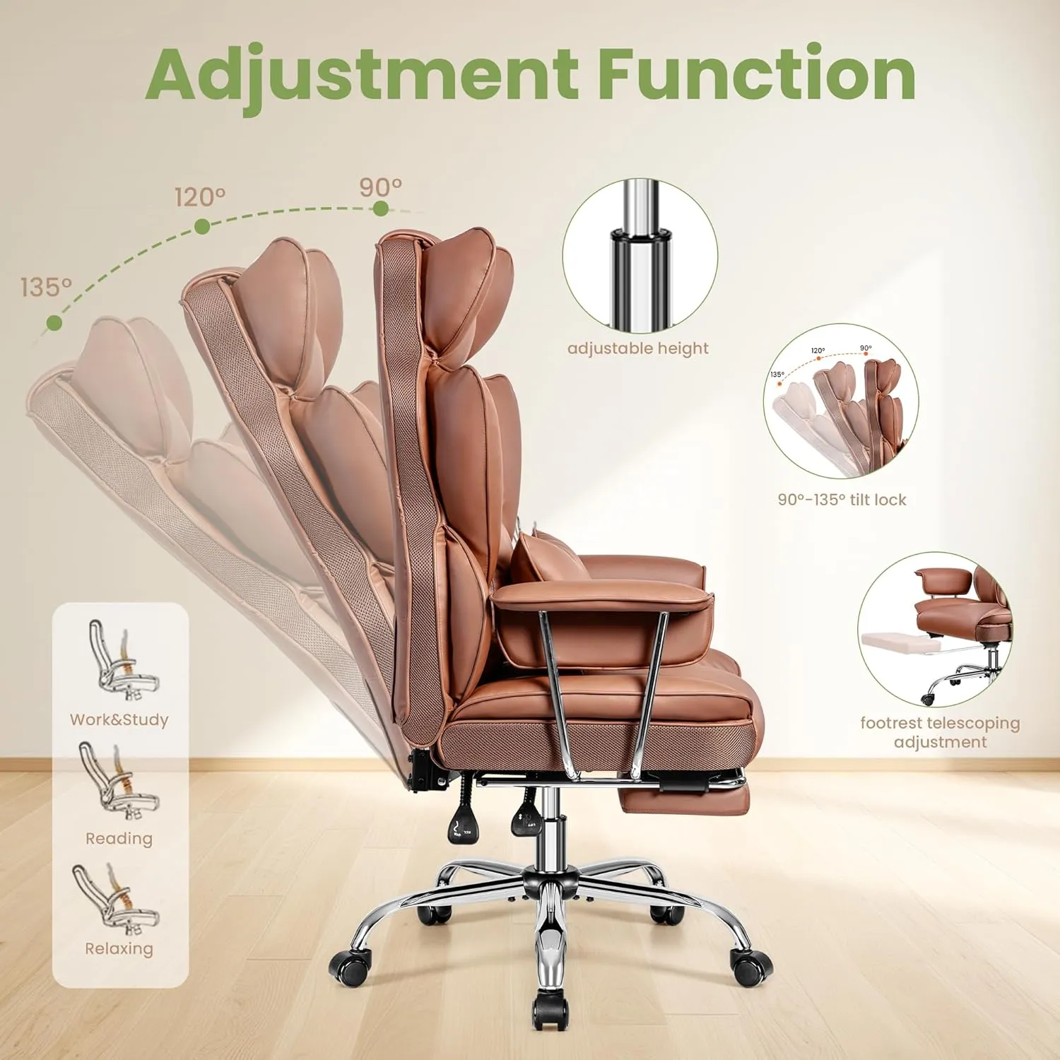 Ergonomic Office Chairs, Gaming Chair with Footrest, Big and Tall Office Chairs with Lumbar Support, Ergonomic Reclining Chairs High Back for Adult, Learth, Brown