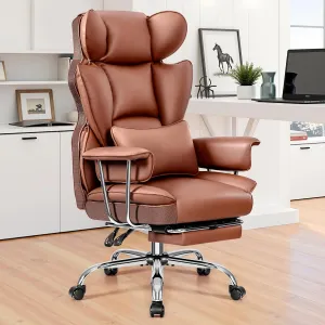 Ergonomic Office Chairs, Gaming Chair with Footrest, Big and Tall Office Chairs with Lumbar Support, Ergonomic Reclining Chairs High Back for Adult, Learth, Brown