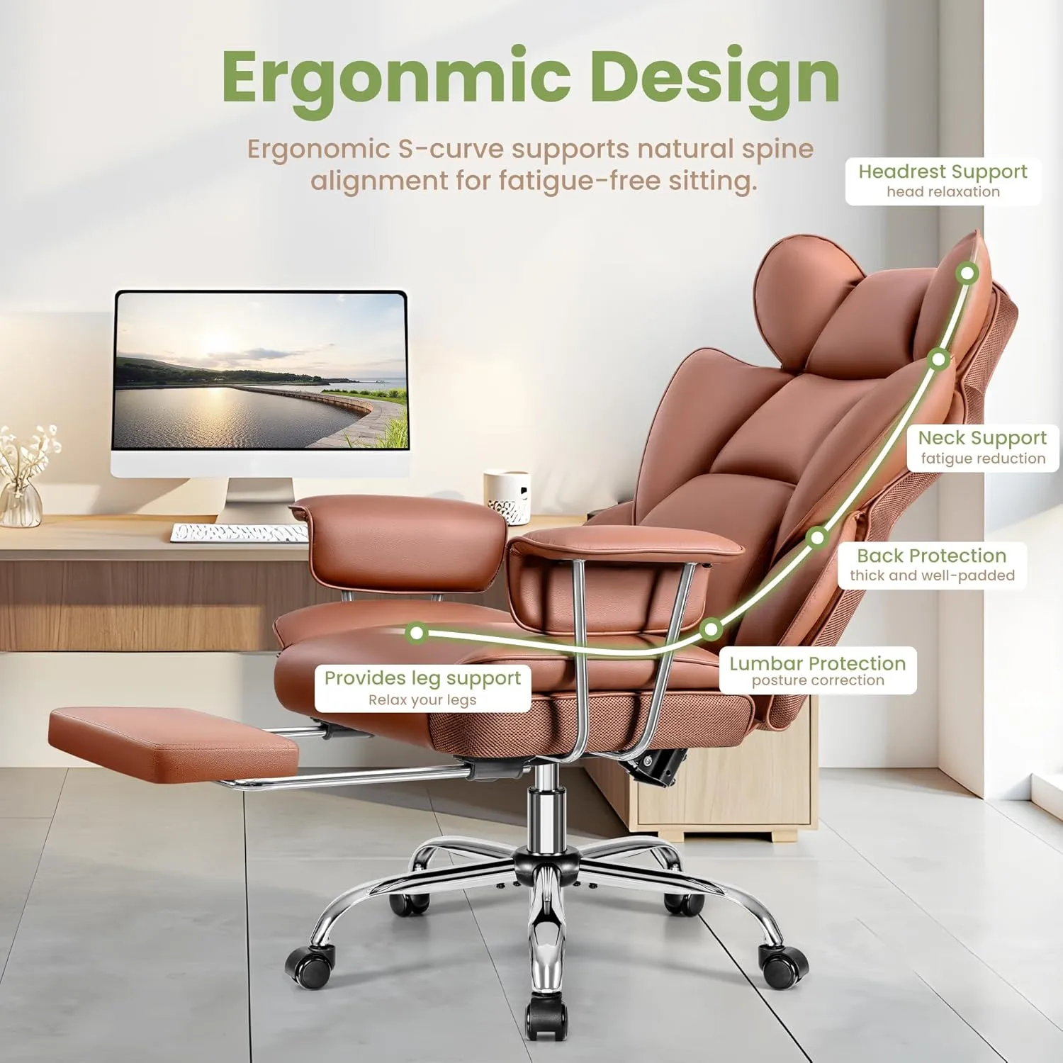 Ergonomic Office Chairs, Gaming Chair with Footrest, Big and Tall Office Chairs with Lumbar Support, Ergonomic Reclining Chairs High Back for Adult, Learth, Brown