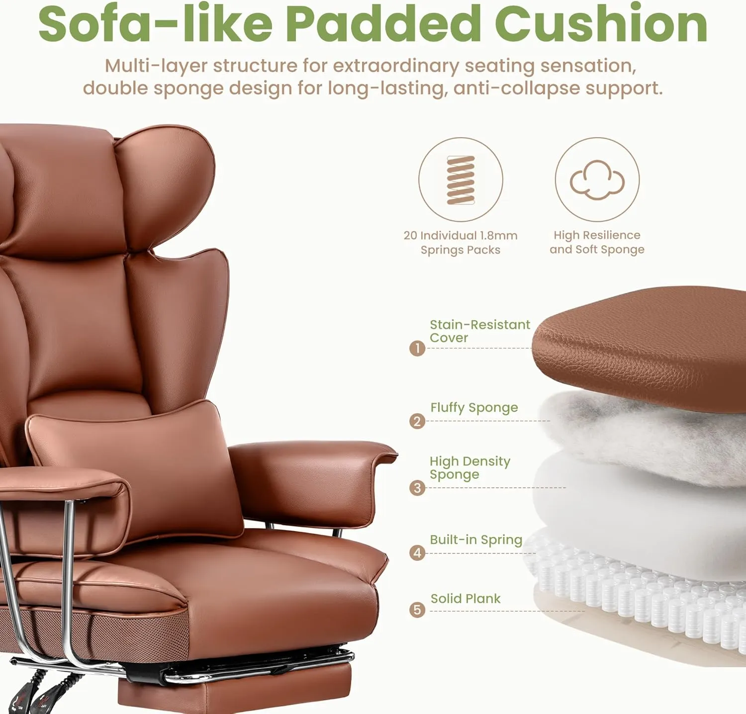 Ergonomic Office Chairs, Gaming Chair with Footrest, Big and Tall Office Chairs with Lumbar Support, Ergonomic Reclining Chairs High Back for Adult, Learth, Brown