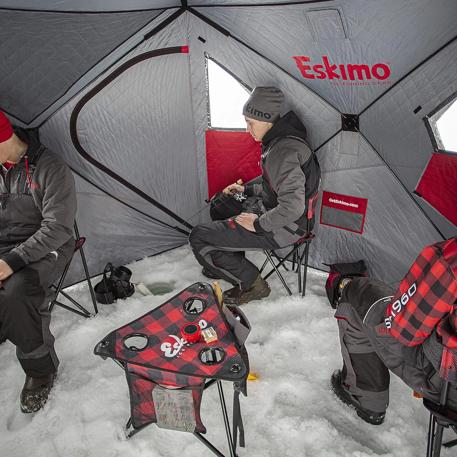 Eskimo Outbreak Portable Pop-Up Ice Fishing Shelter, Stormshield Insulated Fabric, No Trip Door, Durable Hub Design, Deluxe Tie Downs, Red/Black