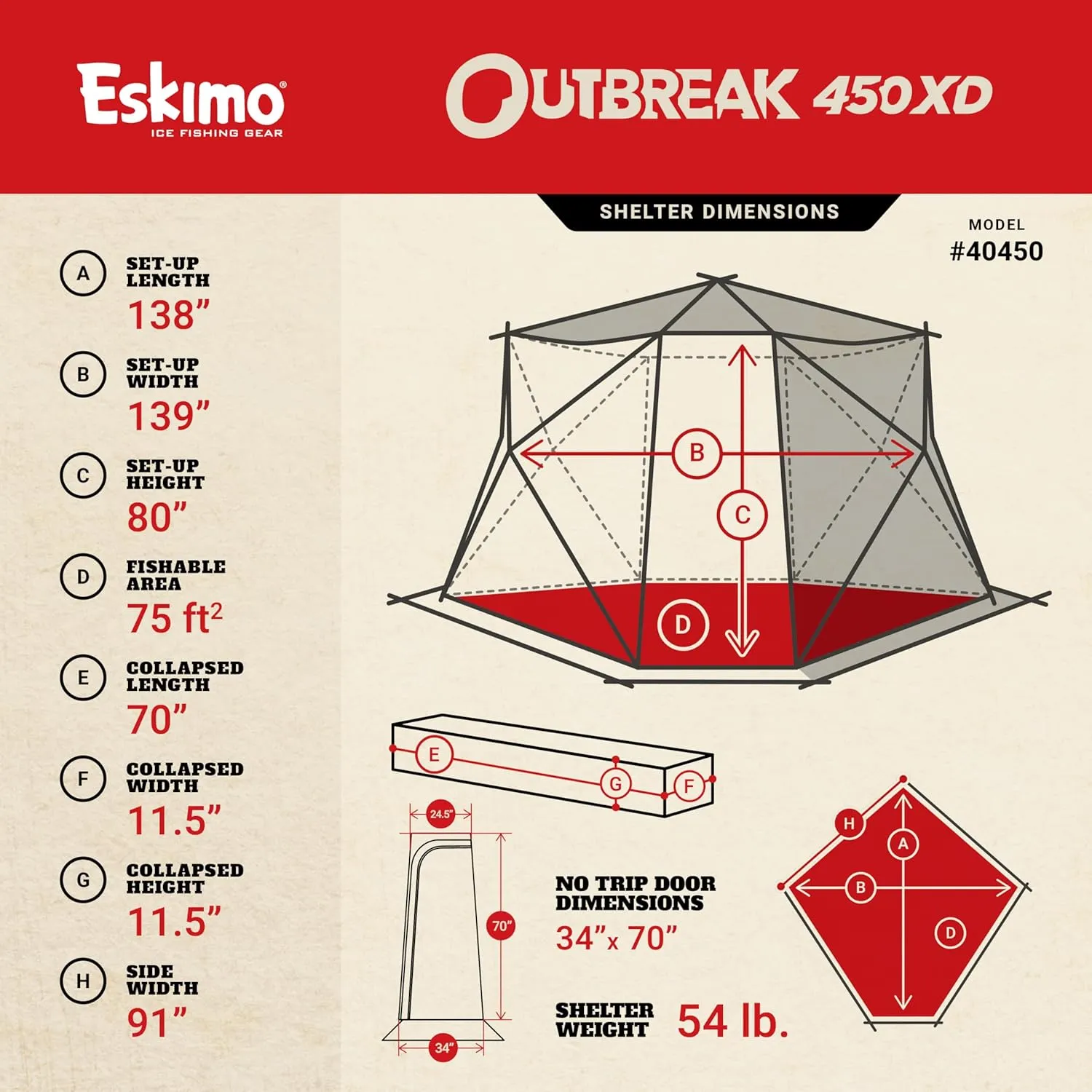 Eskimo Outbreak Portable Pop-Up Ice Fishing Shelter, Stormshield Insulated Fabric, No Trip Door, Durable Hub Design, Deluxe Tie Downs, Red/Black