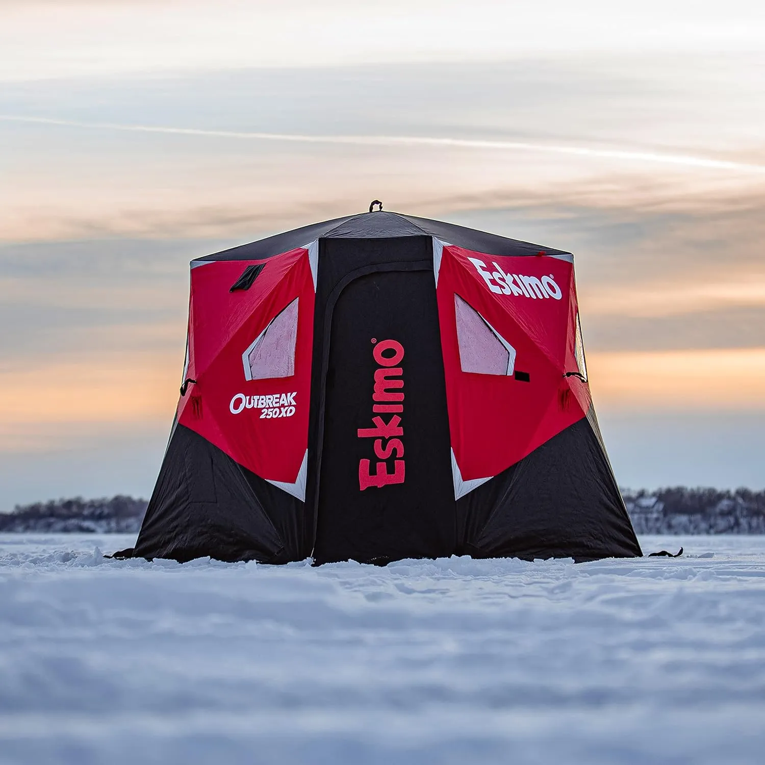 Eskimo Outbreak Portable Pop-Up Ice Fishing Shelter, Stormshield Insulated Fabric, No Trip Door, Durable Hub Design, Deluxe Tie Downs, Red/Black