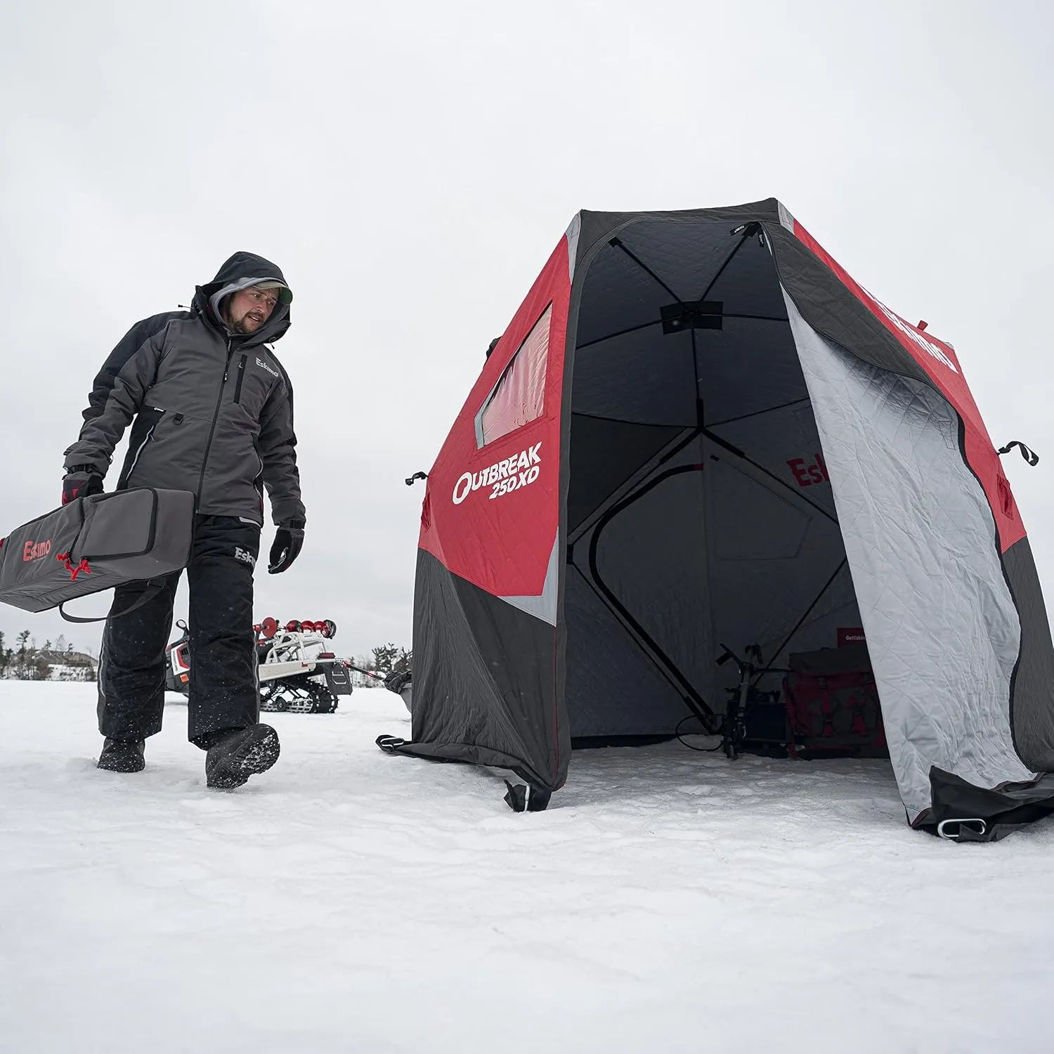 Eskimo Outbreak Portable Pop-Up Ice Fishing Shelter, Stormshield Insulated Fabric, No Trip Door, Durable Hub Design, Deluxe Tie Downs, Red/Black