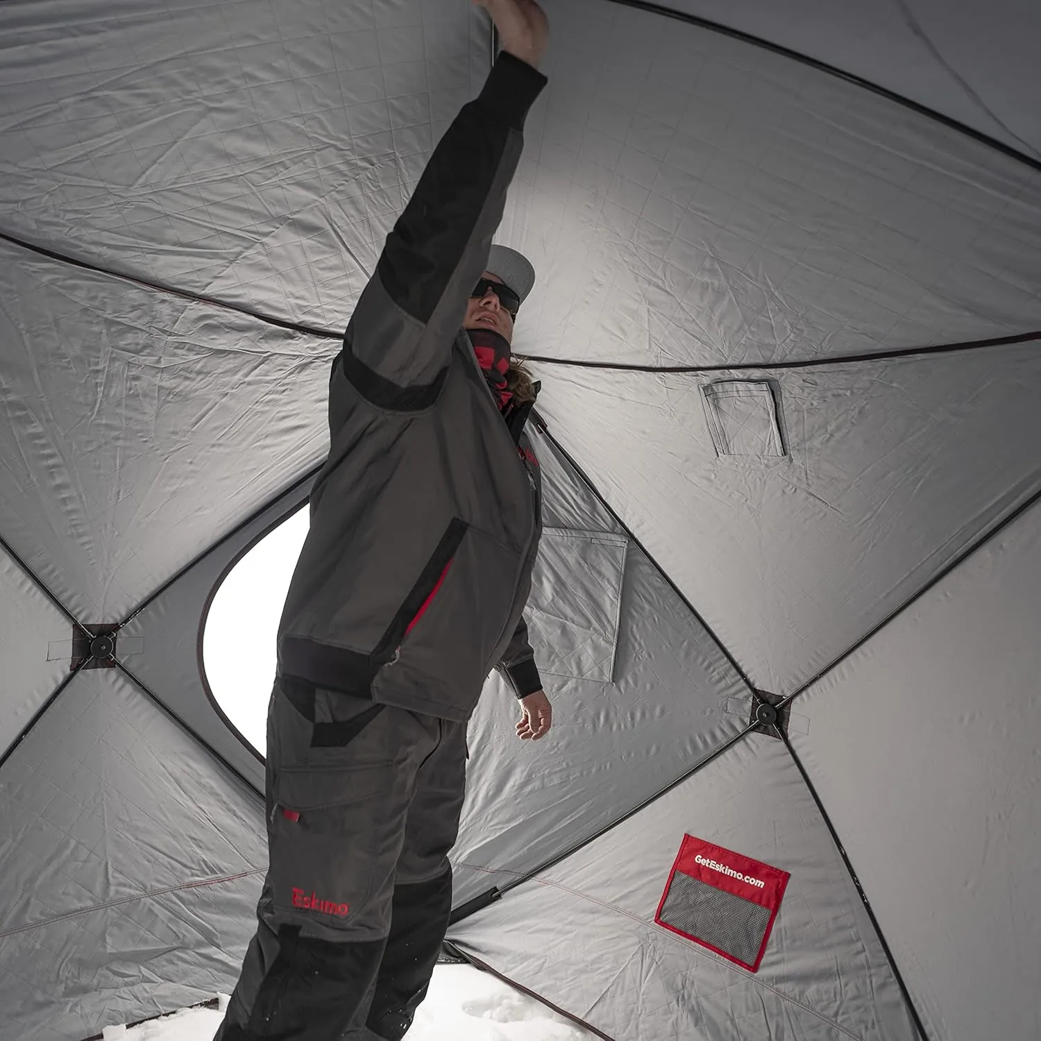 Eskimo Outbreak Portable Pop-Up Ice Fishing Shelter, Stormshield Insulated Fabric, No Trip Door, Durable Hub Design, Deluxe Tie Downs, Red/Black