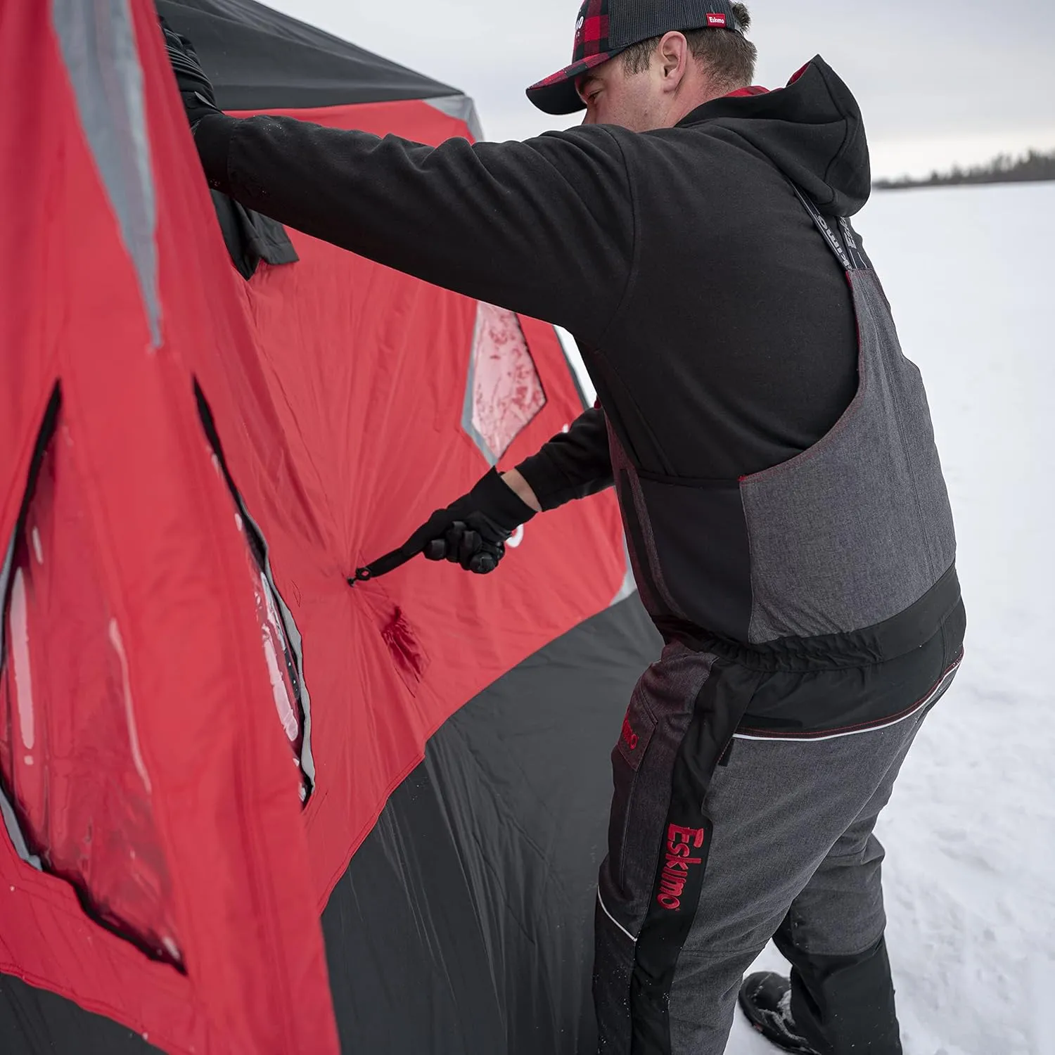 Eskimo Outbreak Portable Pop-Up Ice Fishing Shelter, Stormshield Insulated Fabric, No Trip Door, Durable Hub Design, Deluxe Tie Downs, Red/Black