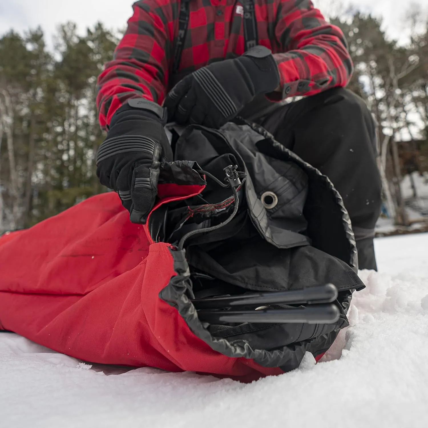 Eskimo Outbreak Portable Pop-Up Ice Fishing Shelter, Stormshield Insulated Fabric, No Trip Door, Durable Hub Design, Deluxe Tie Downs, Red/Black