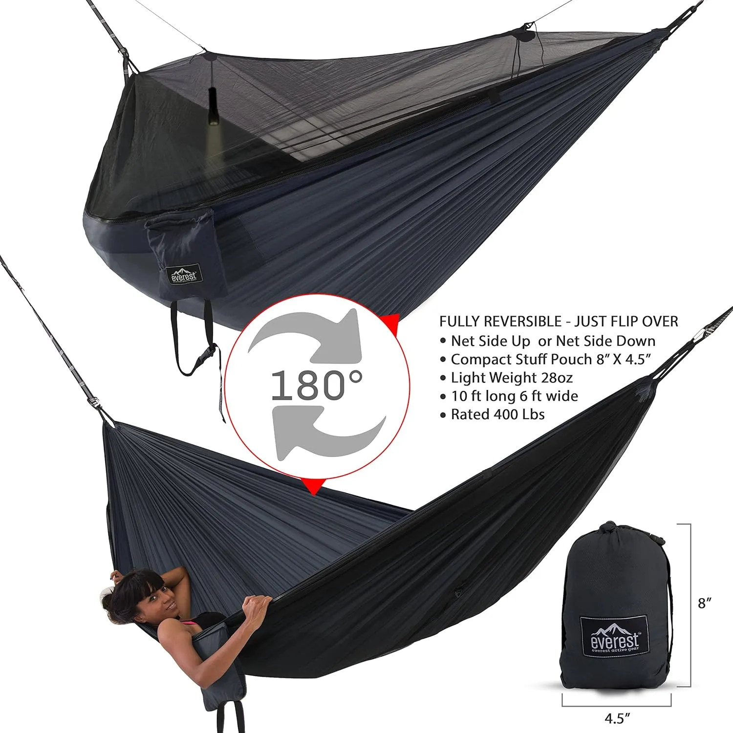 Everest Double Camping Hammock with Mosquito Net | Bug-Free Camping, Backpacking & Survival Outdoor Hammock Tent | Reversible, Integrated, Lightweight, Ripstop Nylon