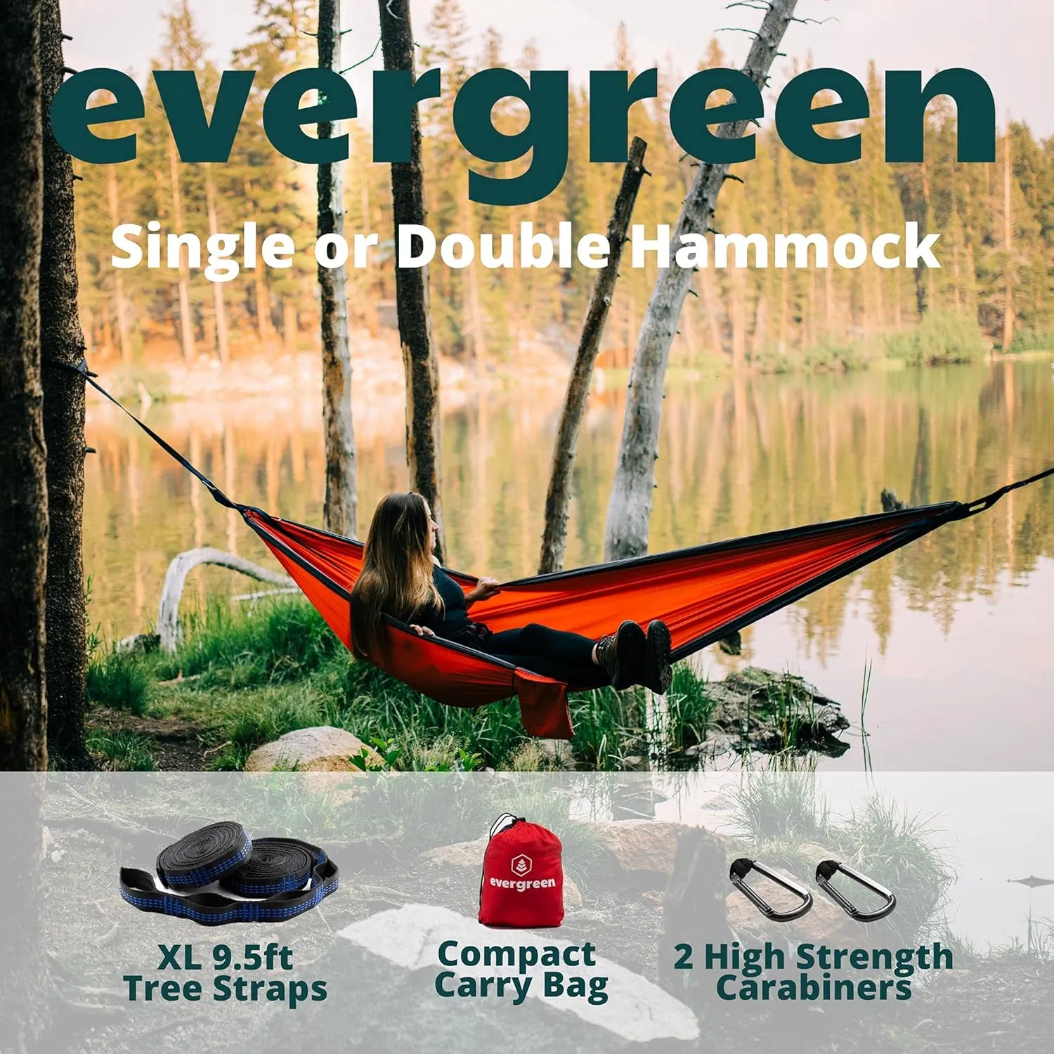 Evergreen Lightweight Outdoor Portable Camping Hammock - Single & Double with Tree Straps for Backpacking, Camping, Travel, Hiking (Single, Red)