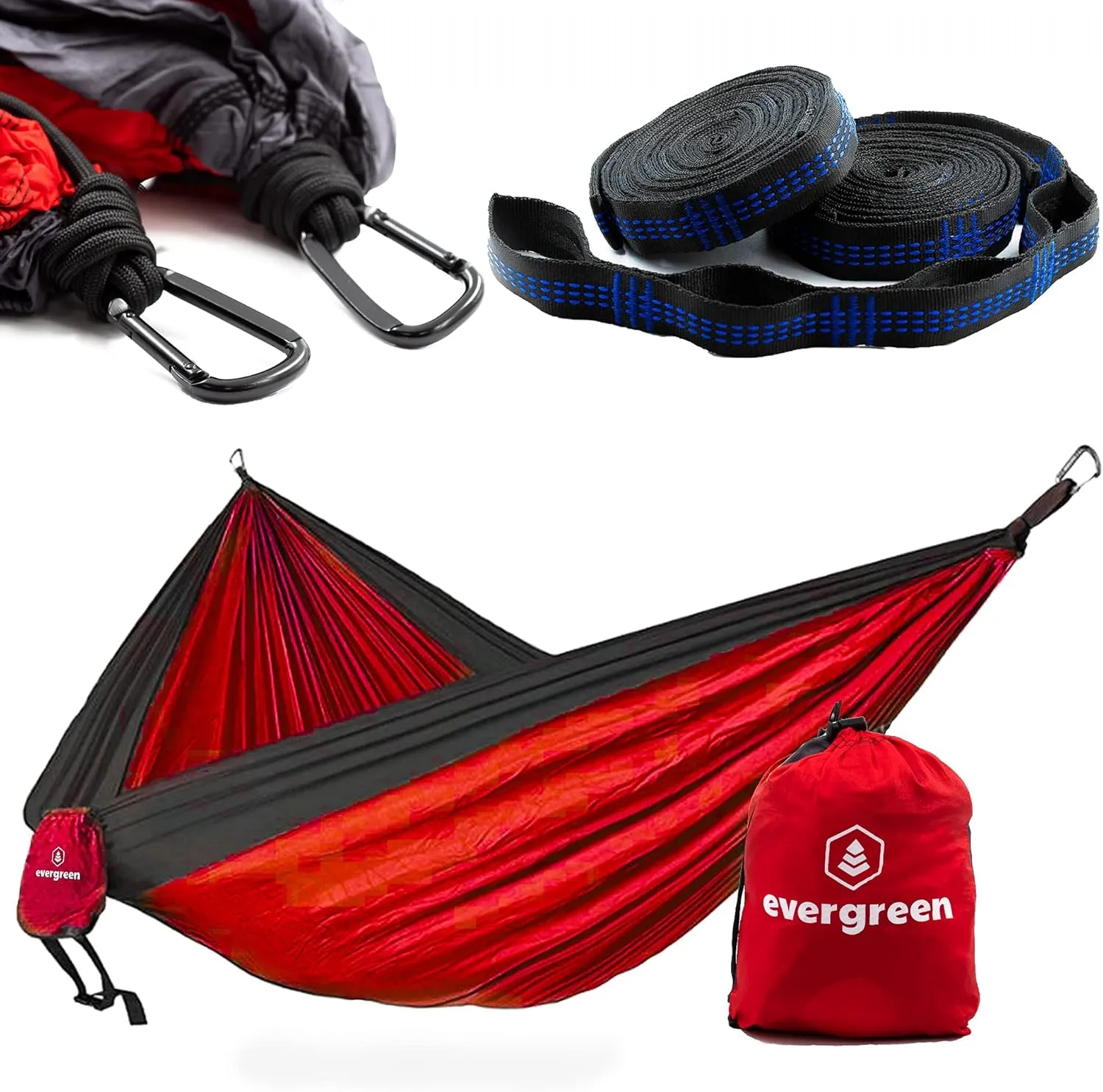 Evergreen Lightweight Outdoor Portable Camping Hammock - Single & Double with Tree Straps for Backpacking, Camping, Travel, Hiking (Single, Red)