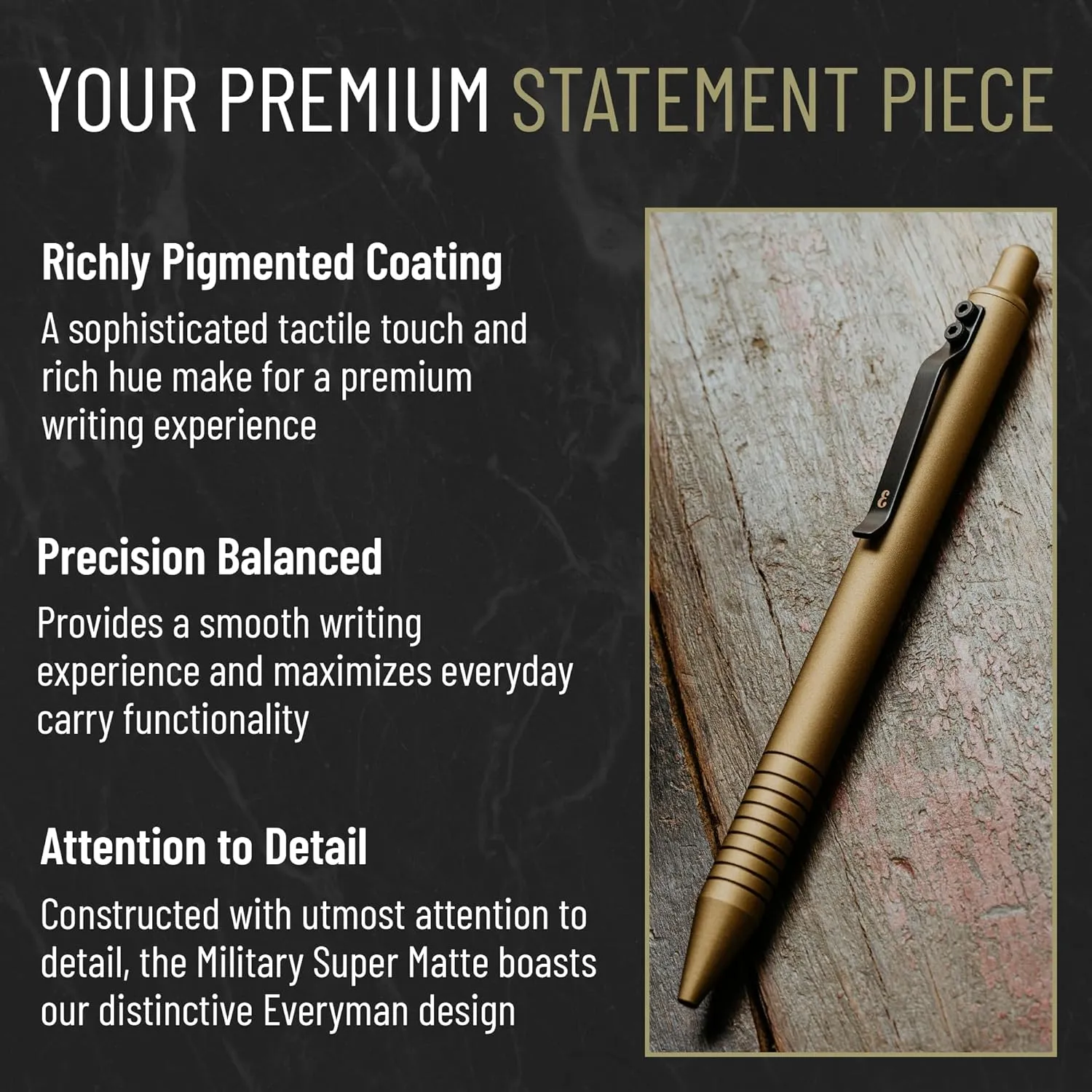 Everyman Military Super Matte Grafton Pen, Pocket-Size Writing Utensil, Luxury EDC Premium and Bold Point Ballpoint Pens, Office Supplies, Fine Point, Smooth Writing Pen with Grooved Grip