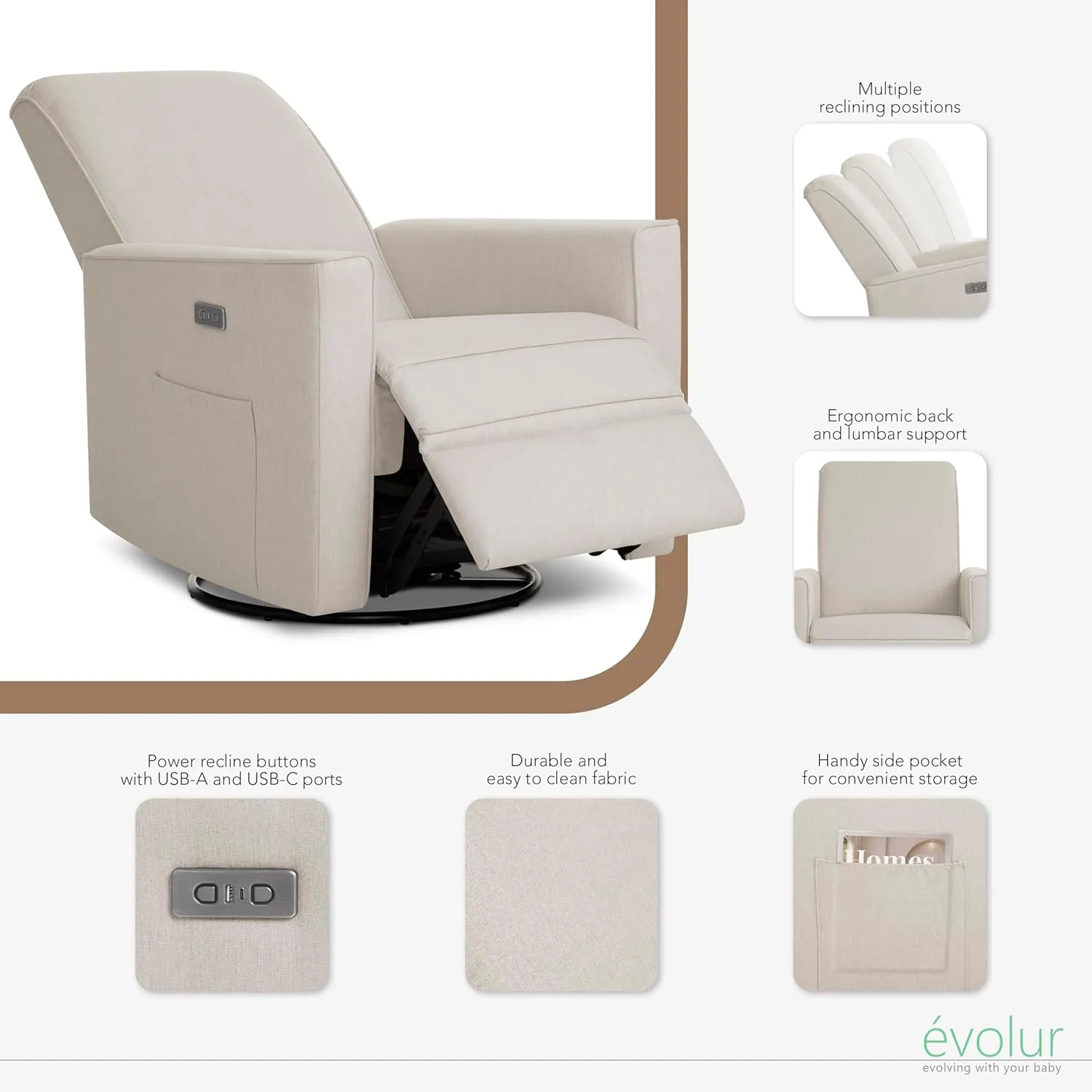 Evolur Harlow Deluxe Upholstered Plush Seating Glider Swivel, Power Recliner with USB Port, Greenguard Gold Certified, Glider Chair for Nursery in Light Sand