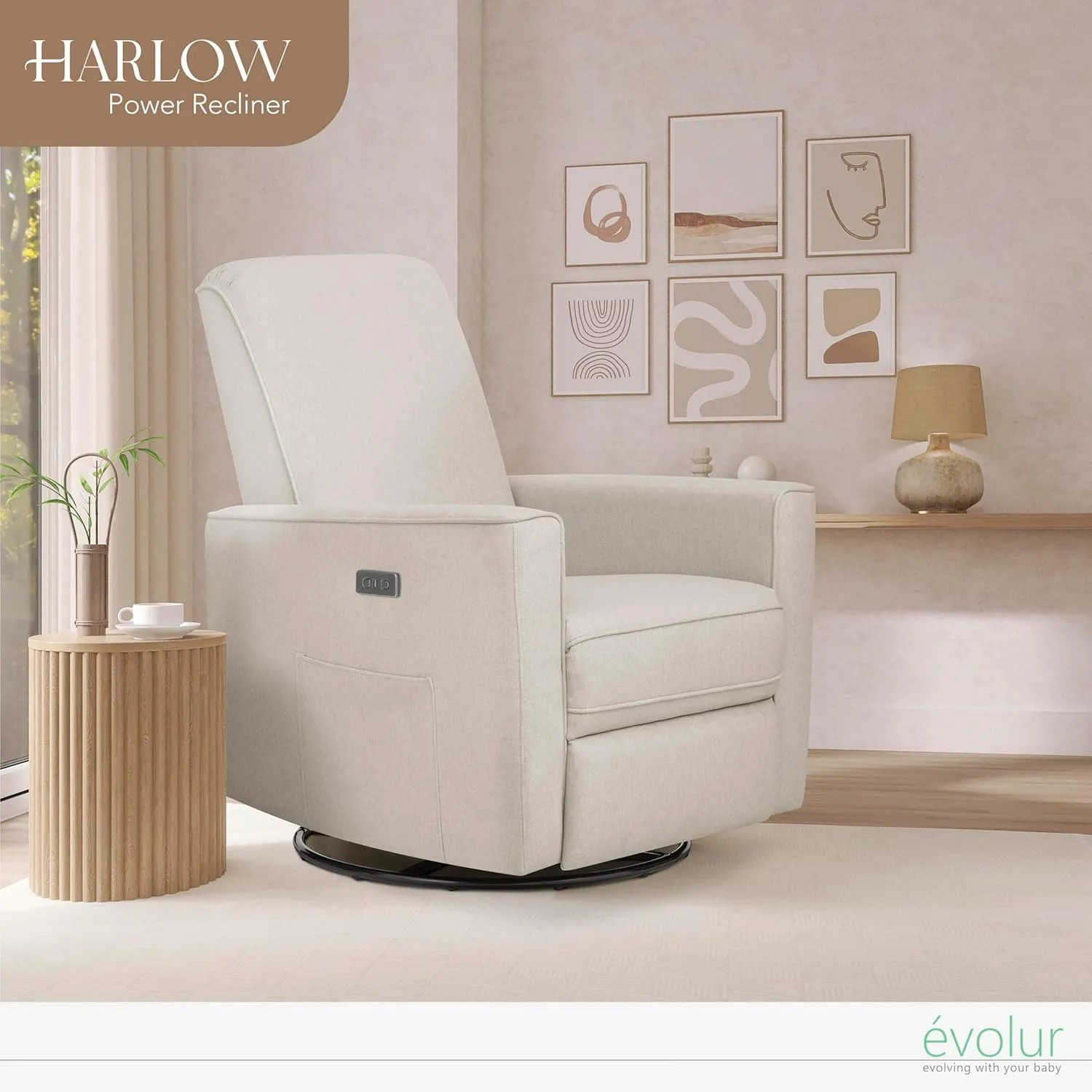 Evolur Harlow Deluxe Upholstered Plush Seating Glider Swivel, Power Recliner with USB Port, Greenguard Gold Certified, Glider Chair for Nursery in Light Sand