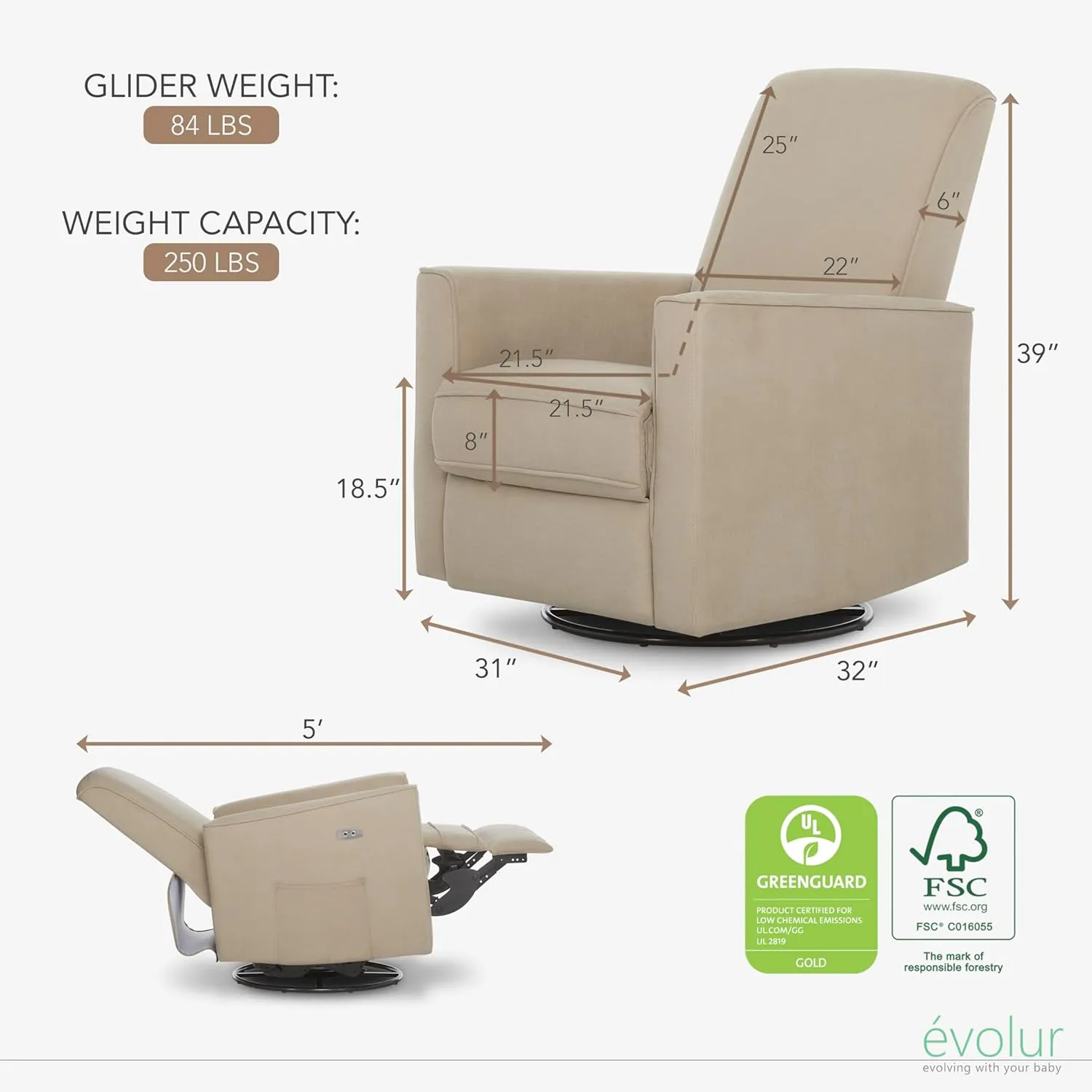 Evolur Harlow Deluxe Upholstered Plush Seating Glider Swivel, Power Recliner with USB Port, Greenguard Gold Certified, Glider Chair for Nursery in Light Sand