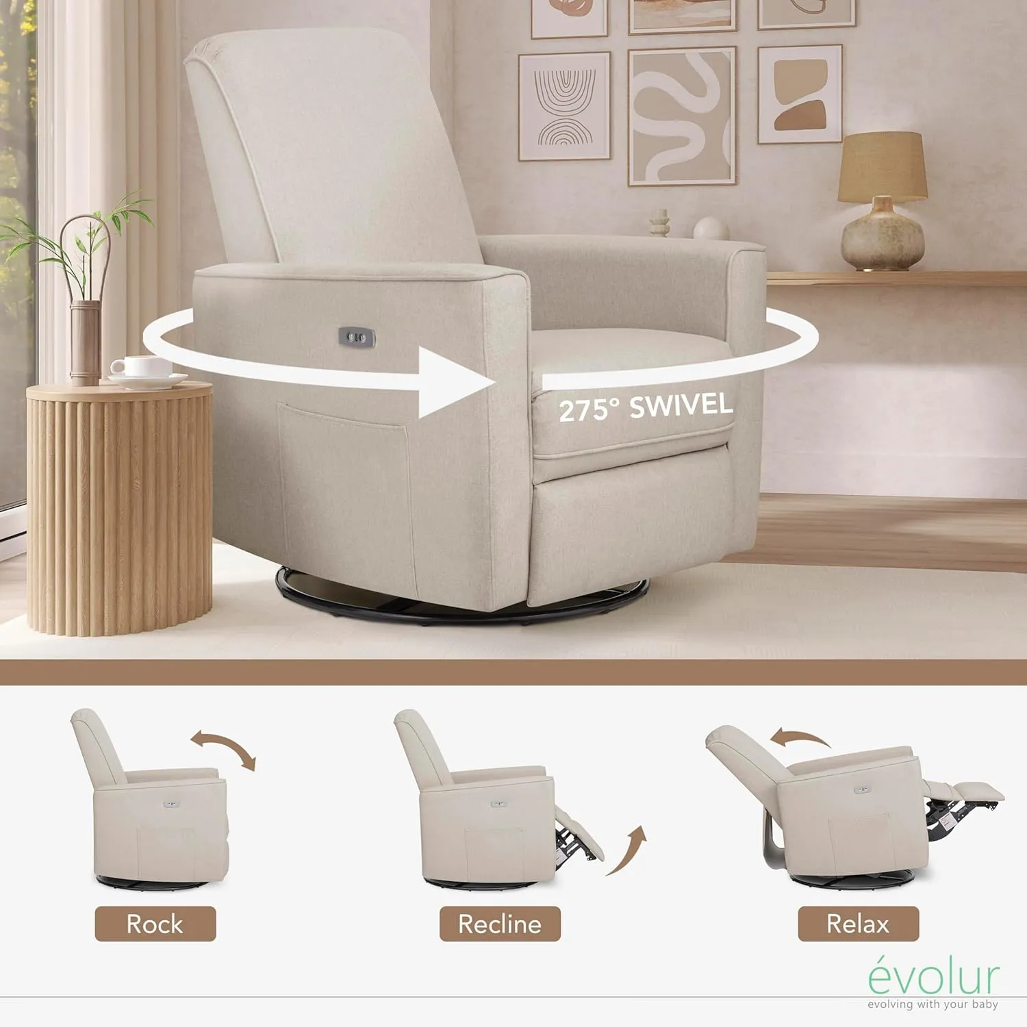 Evolur Harlow Deluxe Upholstered Plush Seating Glider Swivel, Power Recliner with USB Port, Greenguard Gold Certified, Glider Chair for Nursery in Light Sand