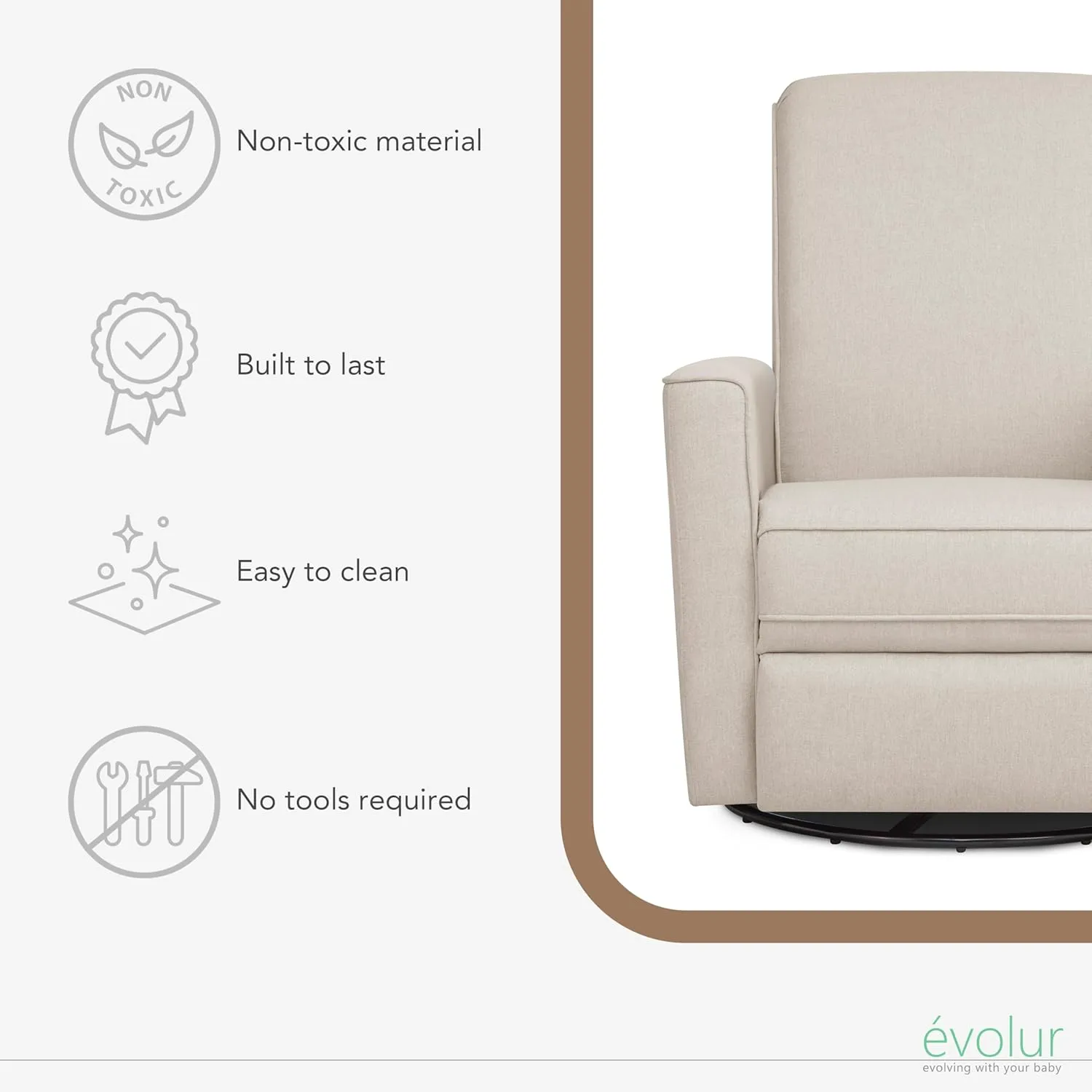 Evolur Harlow Deluxe Upholstered Plush Seating Glider Swivel, Power Recliner with USB Port, Greenguard Gold Certified, Glider Chair for Nursery in Light Sand