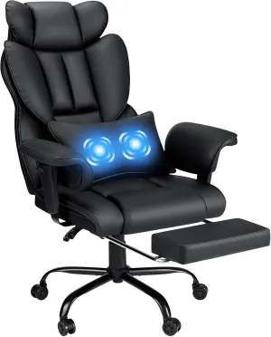 Executive Office Chair Big and Tall with Massage Lumbar Support Heavy Duty Desk Chair with Reclining Office Chair with Footrest High Back Ergonomic PU Leather Chair for Heavy People Black