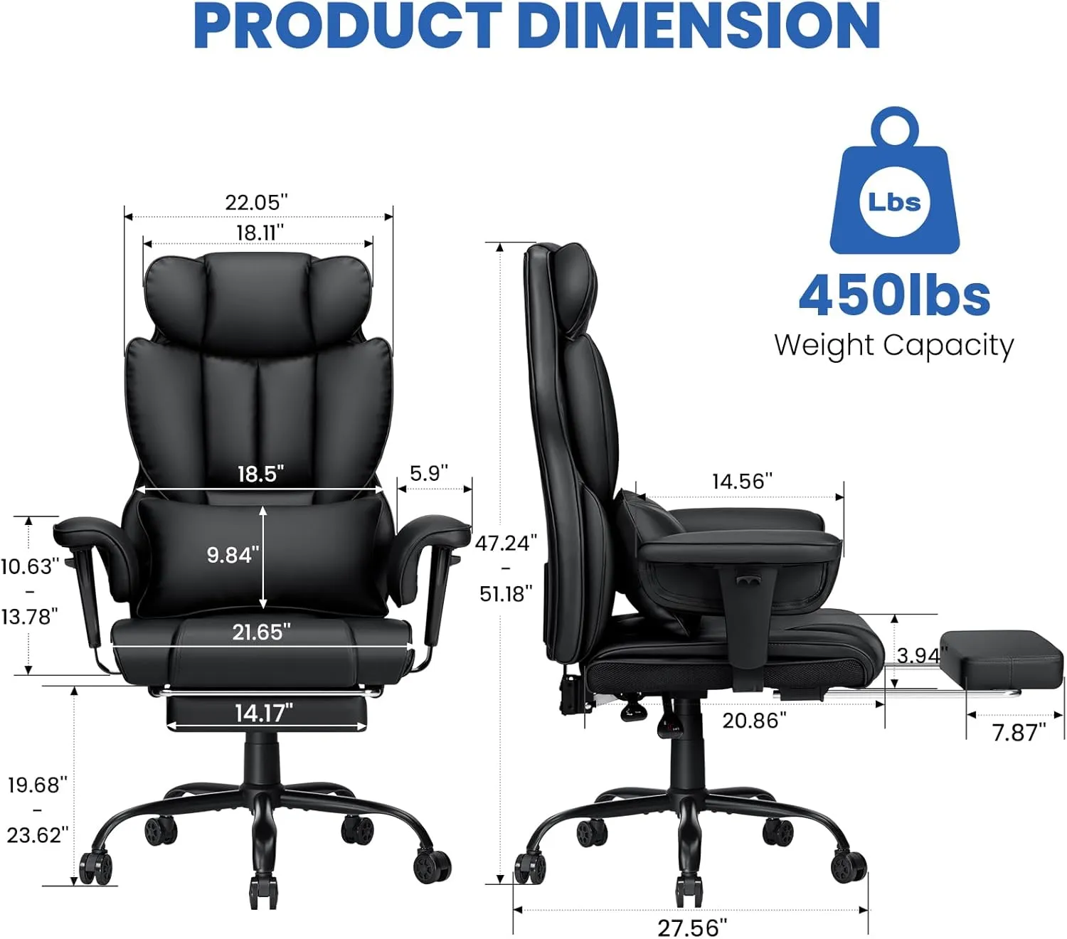 Executive Office Chair Big and Tall with Massage Lumbar Support Heavy Duty Desk Chair with Reclining Office Chair with Footrest High Back Ergonomic PU Leather Chair for Heavy People Black