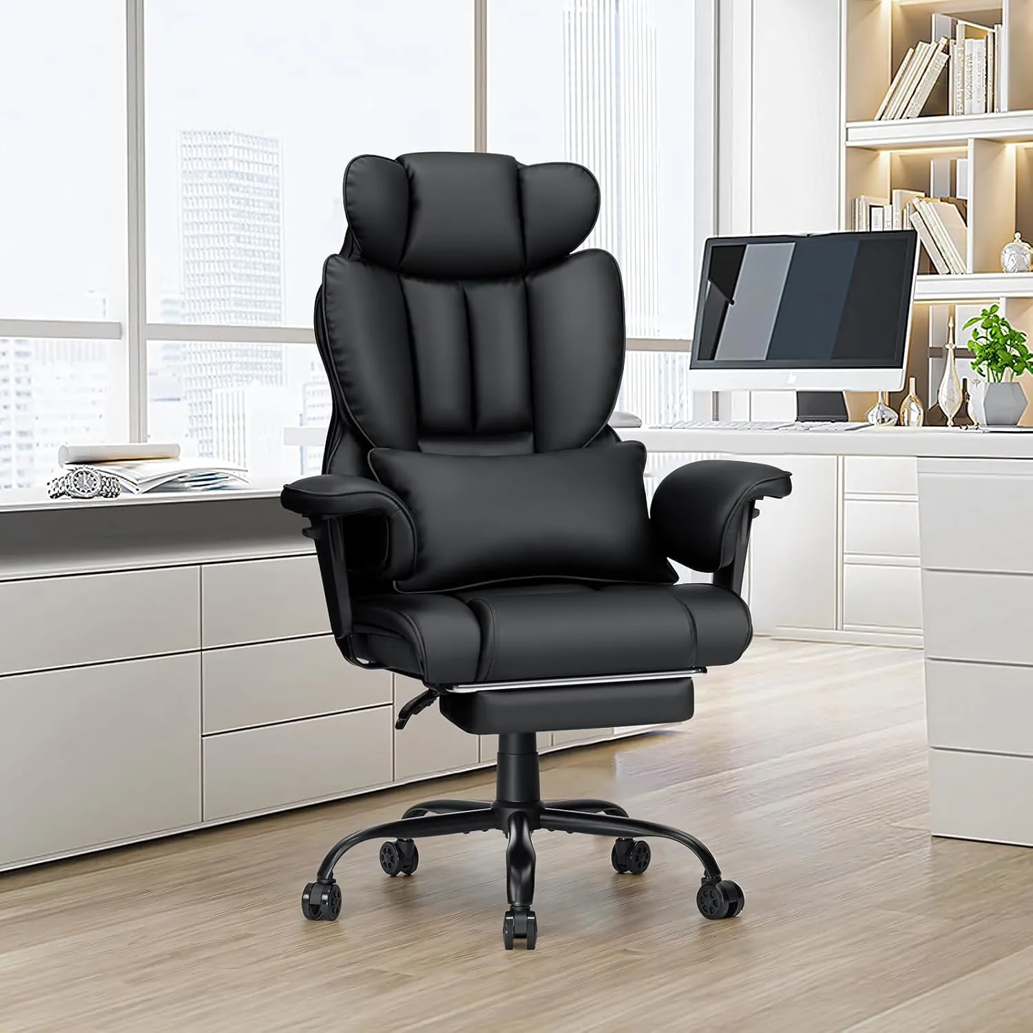 Executive Office Chair Big and Tall with Massage Lumbar Support Heavy Duty Desk Chair with Reclining Office Chair with Footrest High Back Ergonomic PU Leather Chair for Heavy People Black