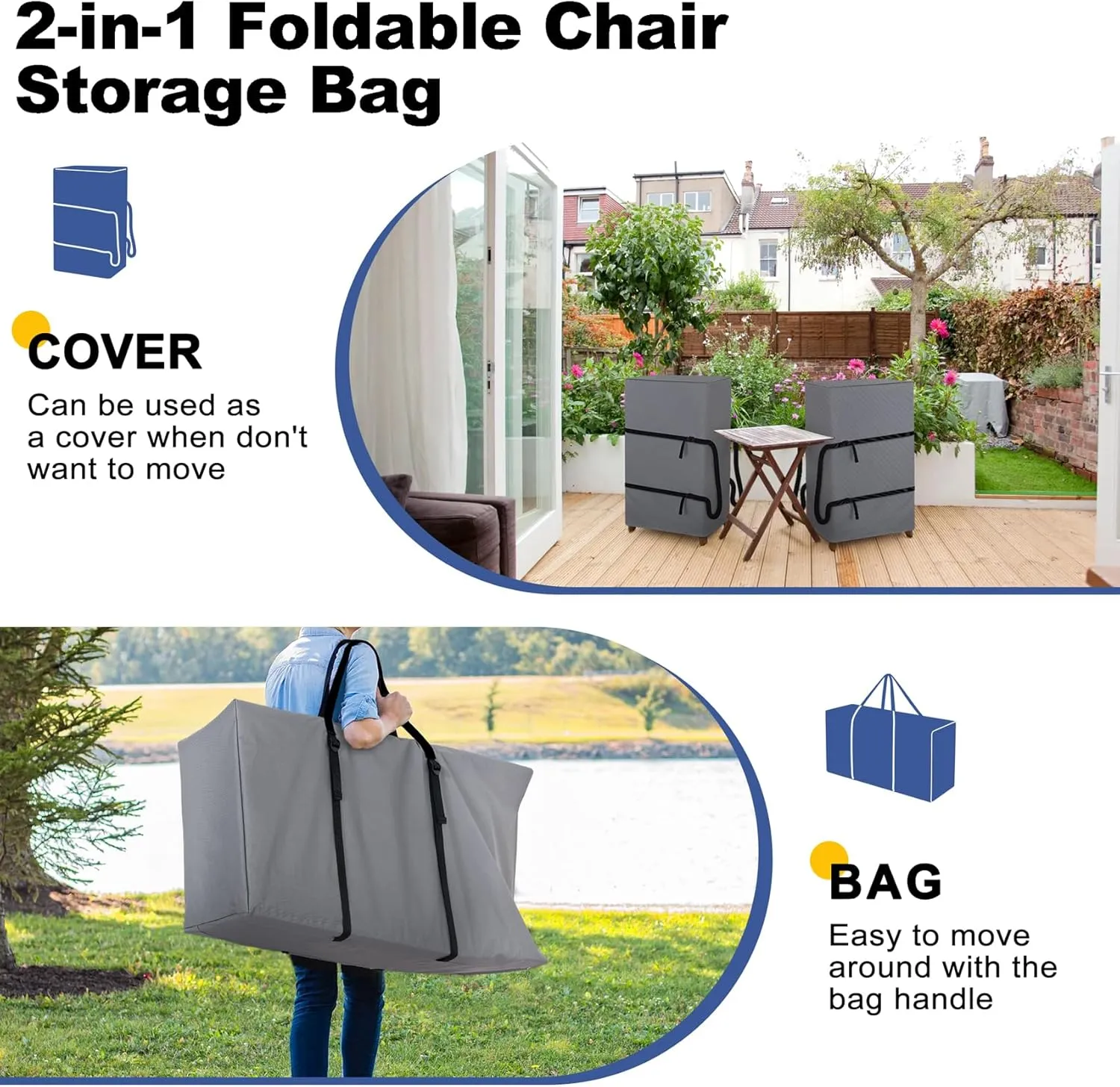 Explore Land 2-in-1 Folding Chair Carring Bag - 900D Furniture Cover for Zero Gravity/Plastic/Resin/Wood Foldable Chairs(39"L x12"W x 20"H, Grey)