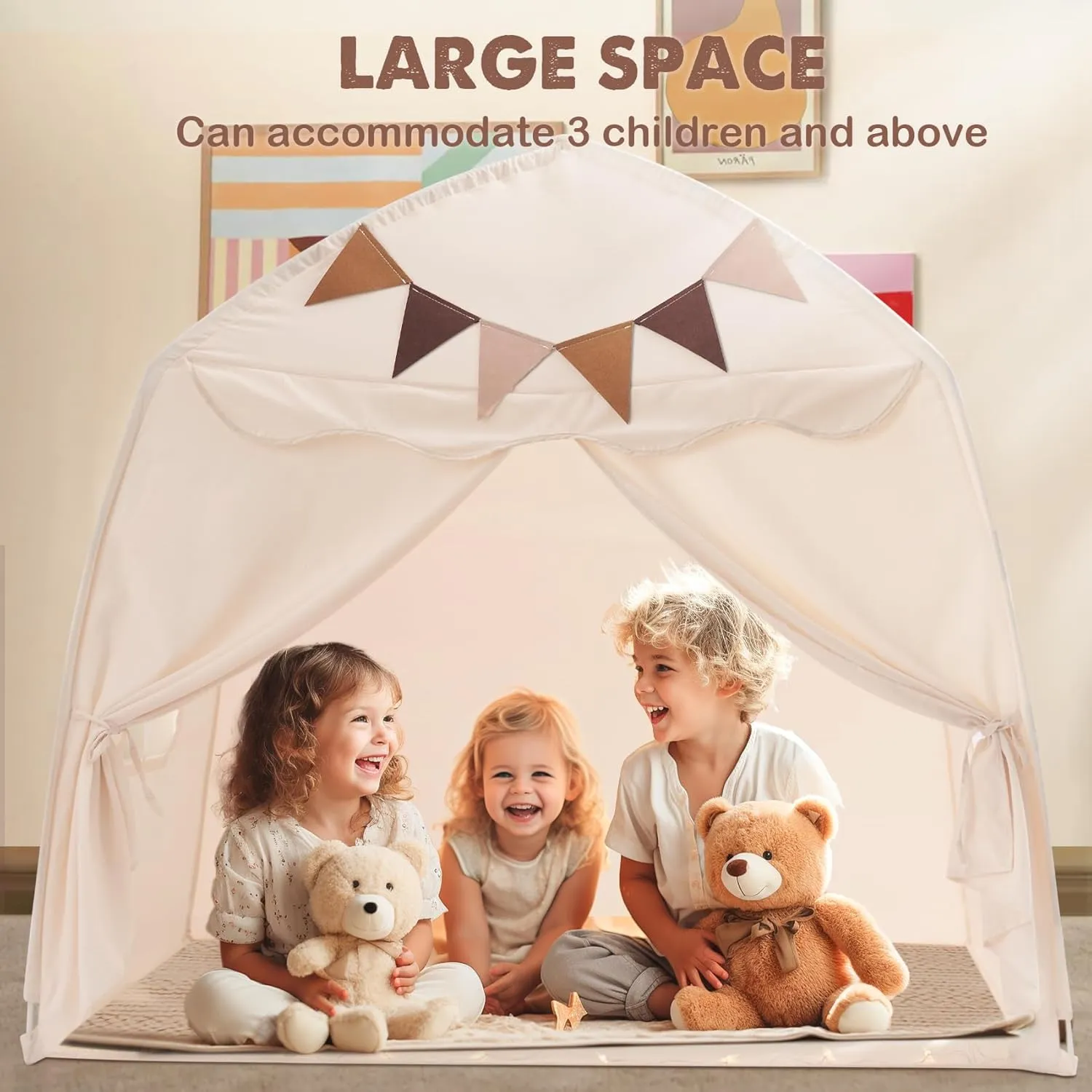 Extra Large Toddler Bed Tent & Kids Play Tent Bed Tent with Flags & Star Lights, Portable & Foldable Teepee, Indoor Outdoor Dome Tent Playhouse, 51x39x51 in, Cream
